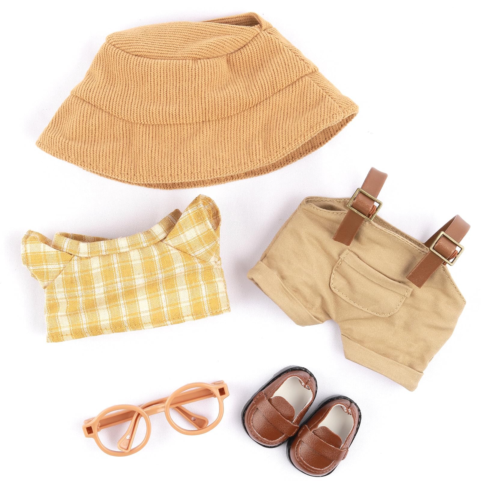 Doll Outfit Clothes Set for 17cm Dolls, 5-Piece Clothes 6.7in/17cm Outfits Cute Accessories Includes Shoes+ Hat+Plaid T-Shirt+Bib Pants+Glasses