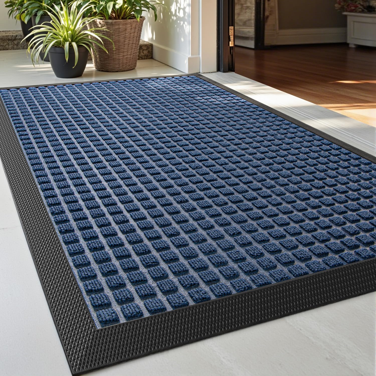 DEXI Front Door Mat Outside Entrance, Rubber Entry Doormat Heavy Duty, Welcome Mats Non Slip for Inside House Floor Entryway Back Doors Exterior Patio, 17x29 Squares Blue