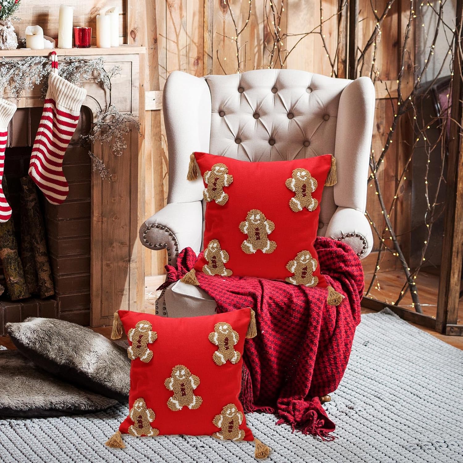 JarThenaAMCS 2Pcs 3D Red Christmas Pillow Covers Gingerbread Man Throw Pillow Case 20 x 20 Inch Plush Faux Fur Soft Holiday Cushion Cover for Home Office Couch Sofa
