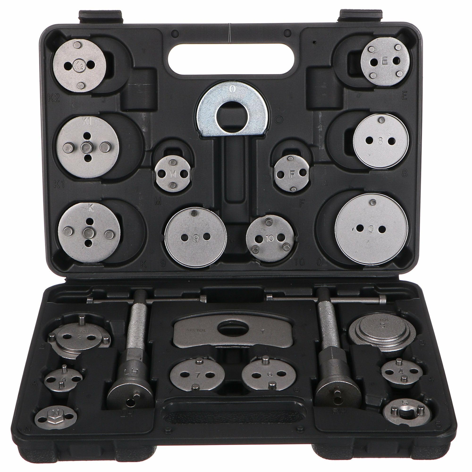 Set di Freni Meccanici Nero 22 | Set di Ripristino del Pistone del Freno | 22 Pezzi | Rotazione Inversa e Compressione | Strumento per Freni a Disco | Adattatore per Numerosi Veicoli | Cassetta