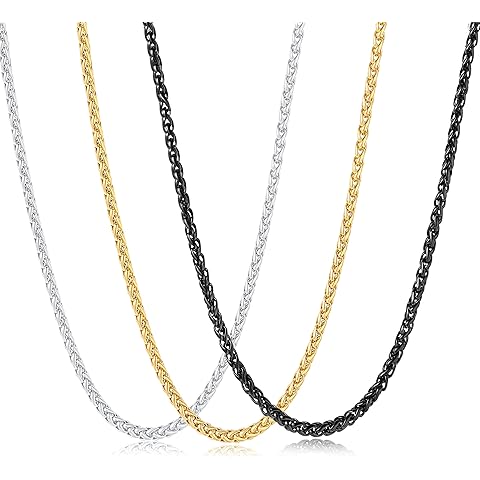 3 Pcs Chain Necklace for Men, 4mm Stainless Steel Gold Black and Silver Wheat Chain...