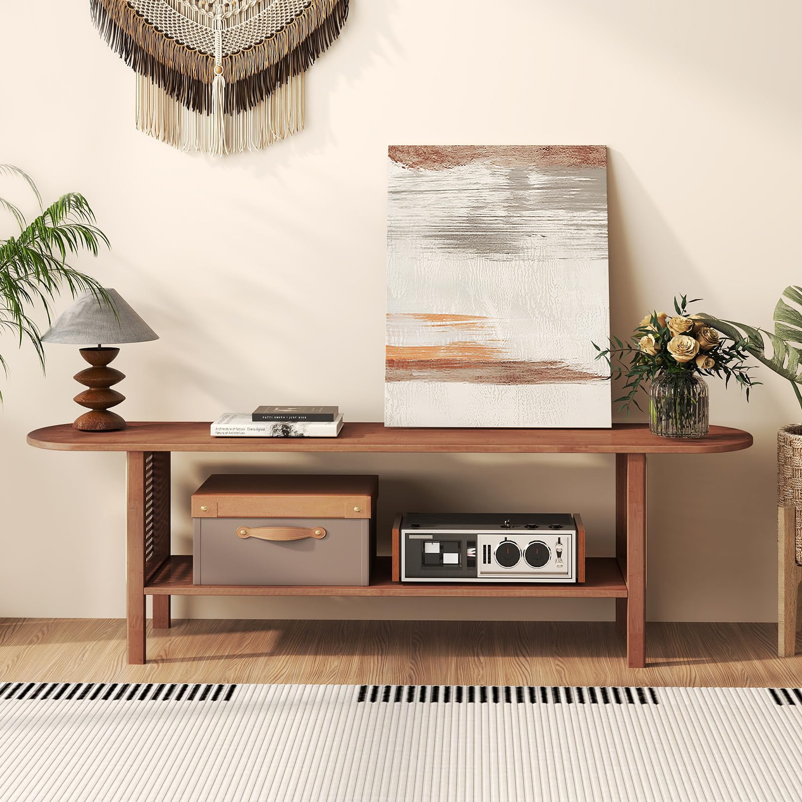 HollyHOME TV Schrank Bambus TV Lowboard Rattan 140cm Fernsehschrank Fernsehtisch TV Bank 2-stöckige TV Tish TV Table für Wohnzimmer Schlafzimmer, Dunkel