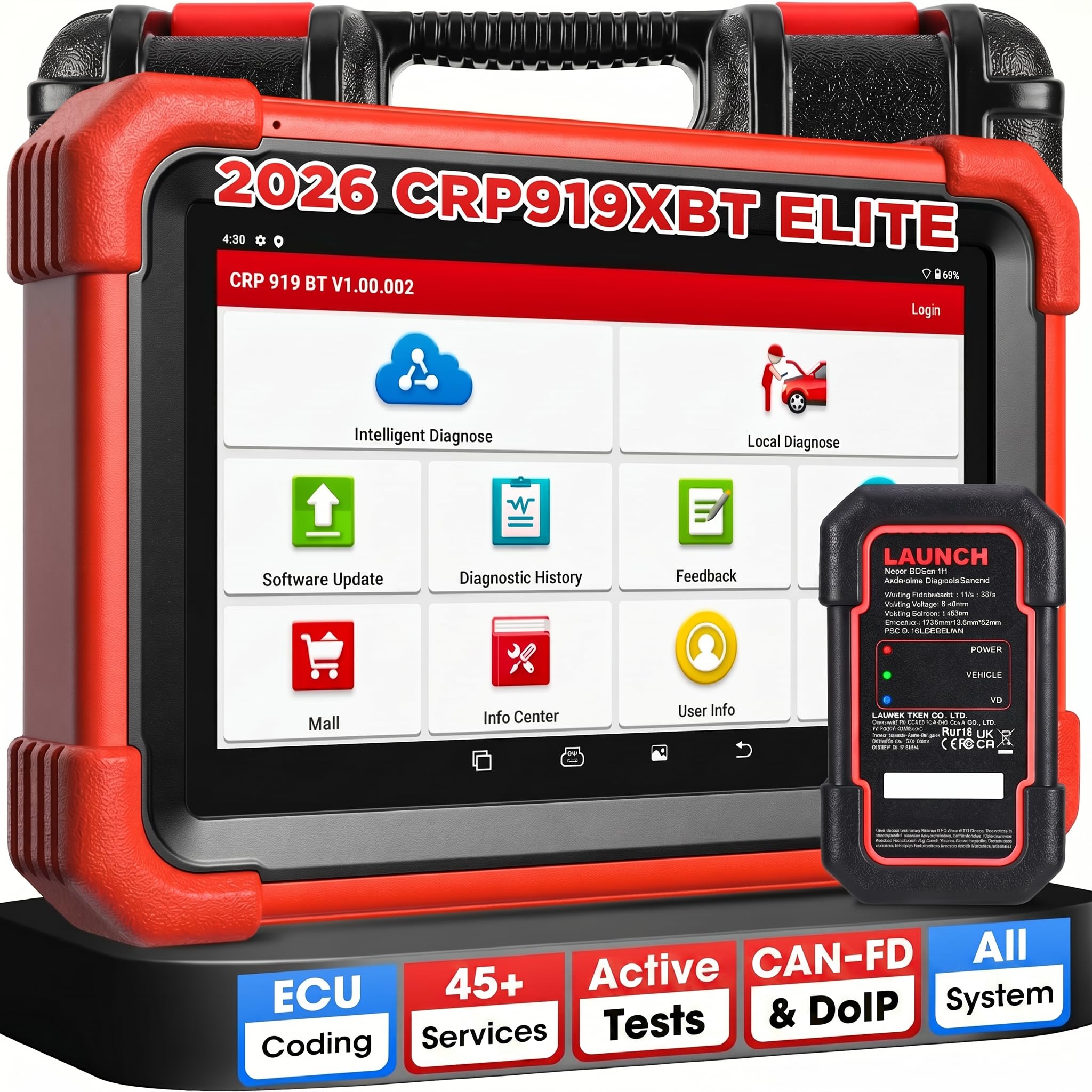 LAUNCH X431 CRP919XBT Diagnosegerät Kabelloses Bidirektionales OBD2 Scanner, ECU Codierung, 45+ Servicefunktionen, Alle Systeme Diagnose, FCA AutoAuth, CANFD DoIP 2 Jahre Update