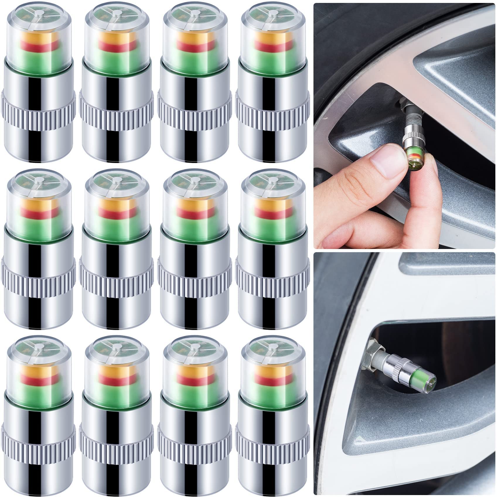 SYOSI 12Pcs 2.2Bar 32PSI Tire Pressure Monitor Valve Stem Caps Car Tire Pressure Sensor Indicator Tire Pressure Alert 3 Color for Car Motorbike Bicycle