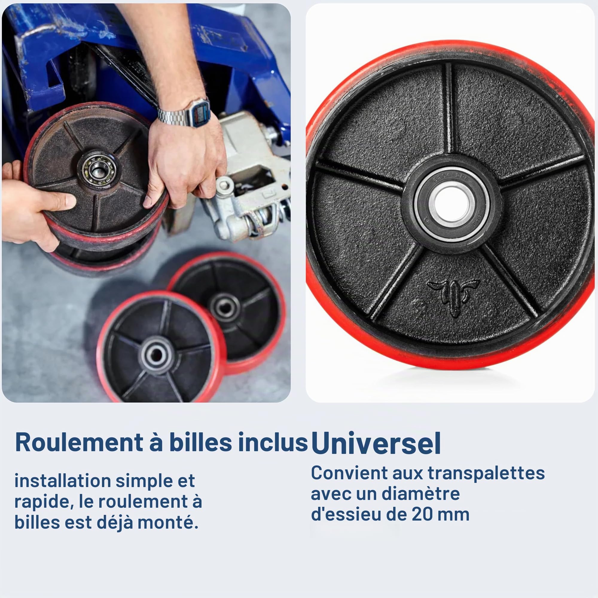 Pallit Roulette de transpalette en polyuréthane (PU) 180 x 50 mm Axe 20 mm avec roulement à billes Roulette de rechange Axe 20 mm Diamètre 200 mm Largeur 50 mm