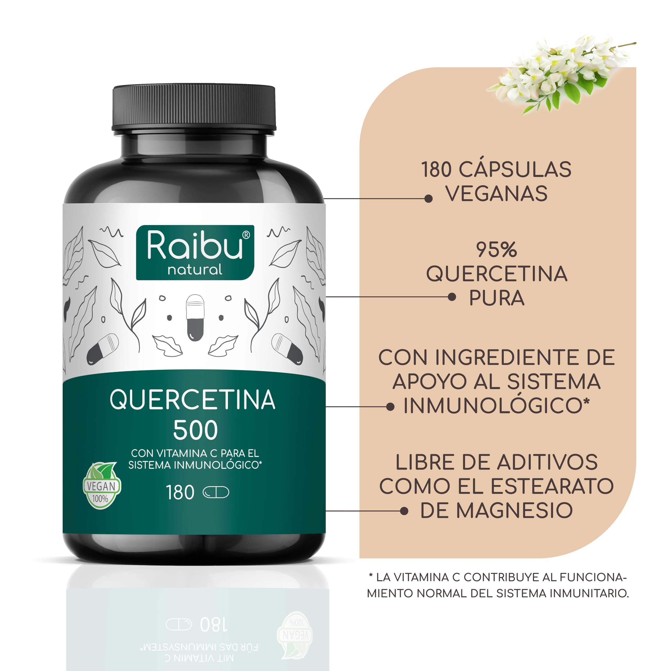 Quercetina 500 mg Pura - 180 Cápsulas Veganas para 6 Meses de Suministro - Extracto de Sophora Japonica con 95% en Quercetina - Alta Potencia, Sin Aditivos y Probado en Laboratorio - Raibu