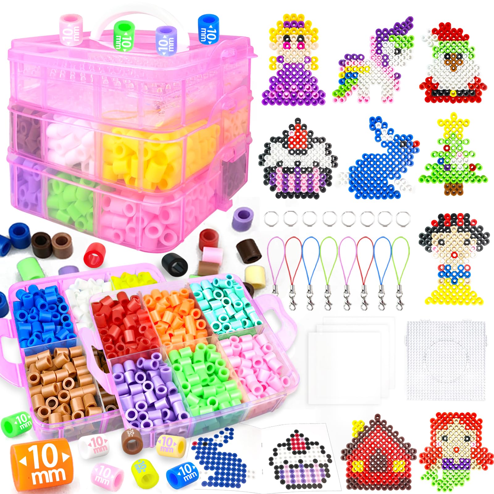 1000 Pezzi XL Perline da Stirare 10MM,Perline a Fusione con Custodia- 12 Colori, Pegboard, Guida Utente, Design gioielli, Decorazioni, Creativo Regali Compleanno Natalizio Fai-da-Te per Bambini