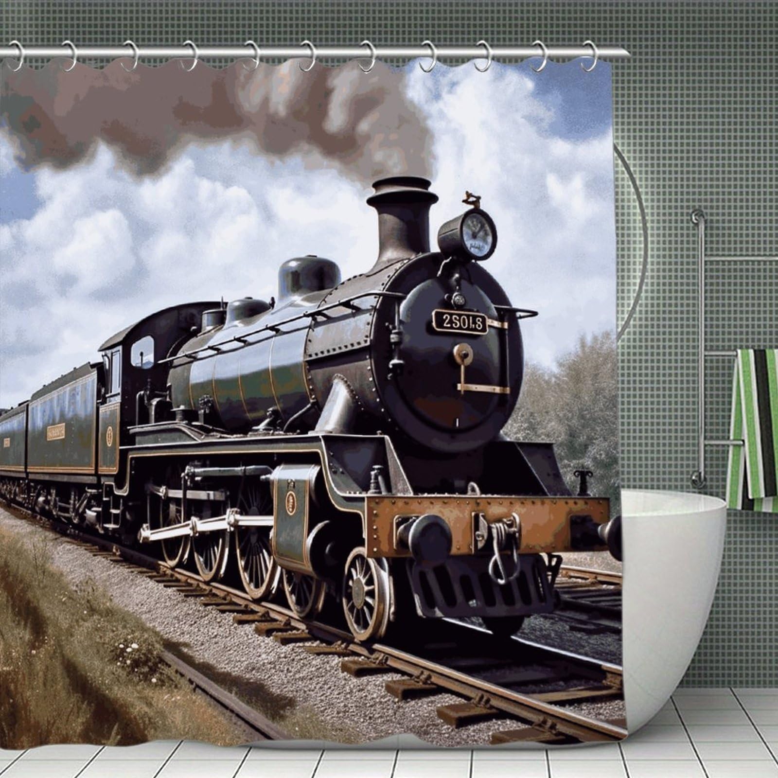 FekiLoot Steam Locomotive Train Shower Curtain Minimalist Thick Bathroom Curtain Washable Modern Bathroom Shower Curtain Heavy Duty Waterproof Cloth Bath Curtain with Hooks 70.8"x70.8"