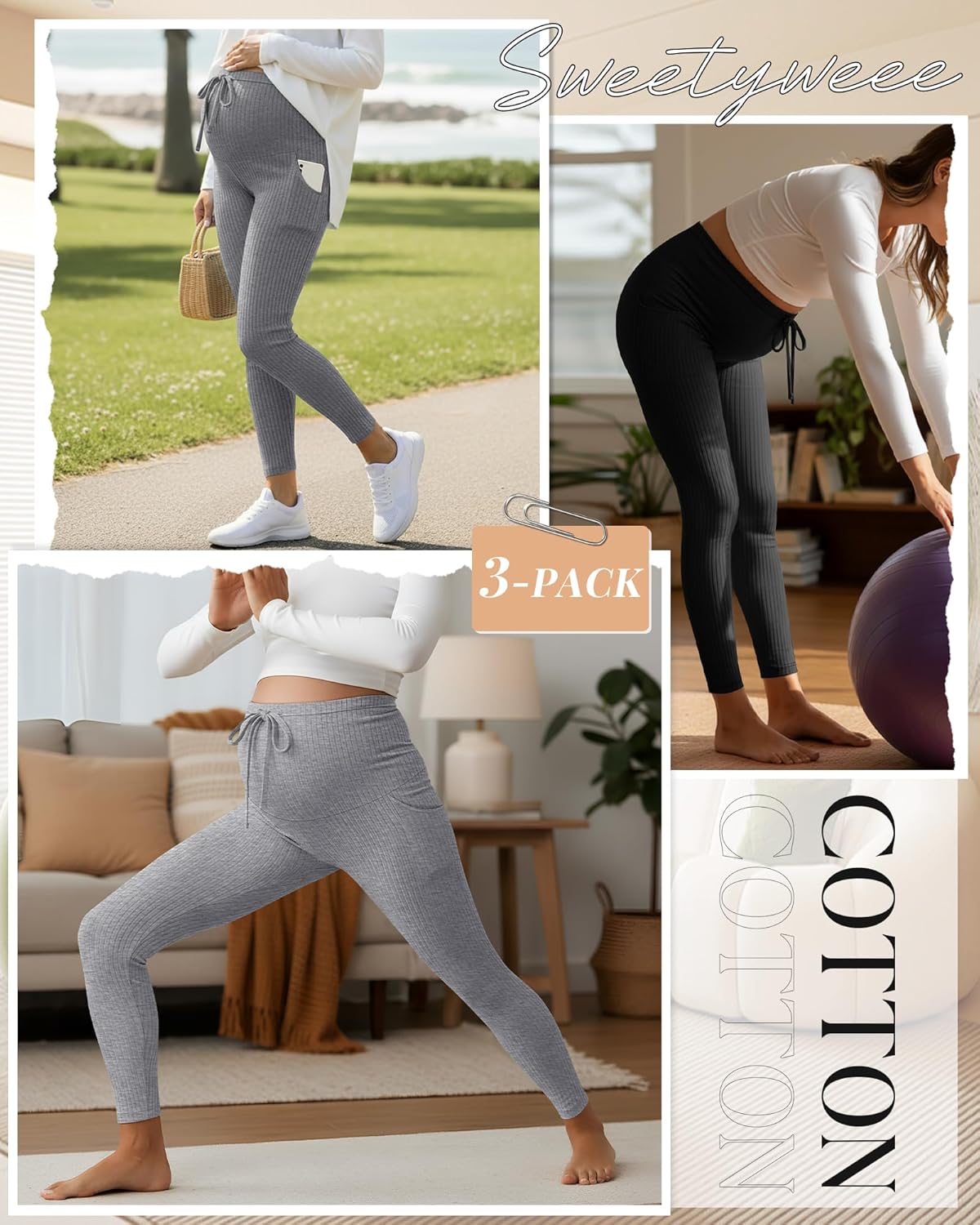 3 Pack Women's Maternity Leggings Cotton Ribbed Pregnancy Pants Drawstring Workout Yoga Active Pants with Pockets - Image 3