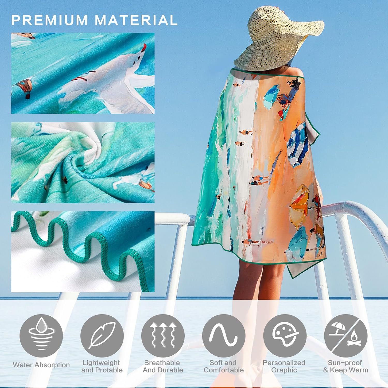 Beach Towel Oil Painting Seaside, Coastal Vacation Ocean Beach Towel 60x30"