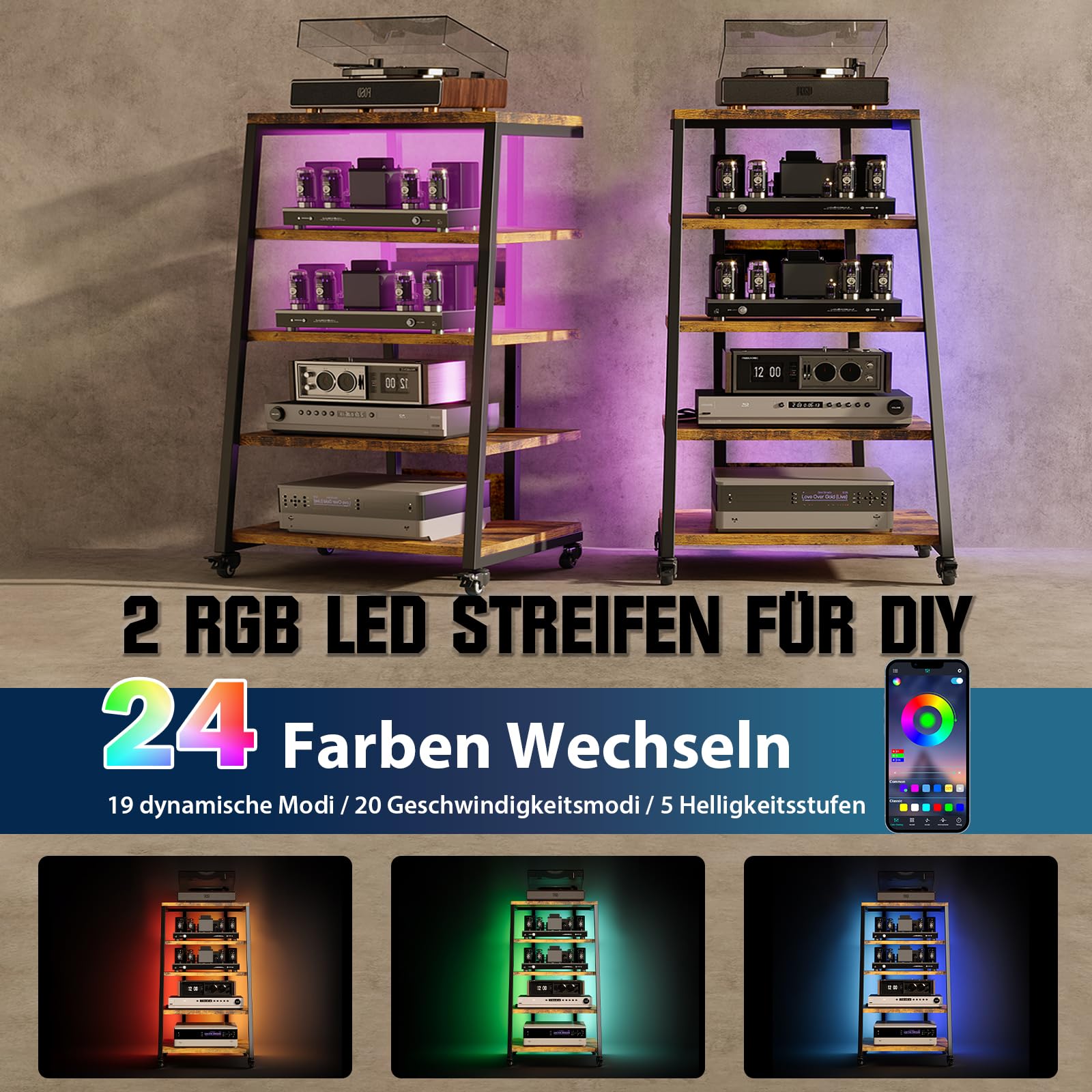 Estante de 5 niveles HiFi con ruedas, tocadiscos, mesa con regletas, luces LED, estante ajustable de madera, soporte para medios HiFi para sistemas de audio, estéreo, 60 x 52 x 110 cm