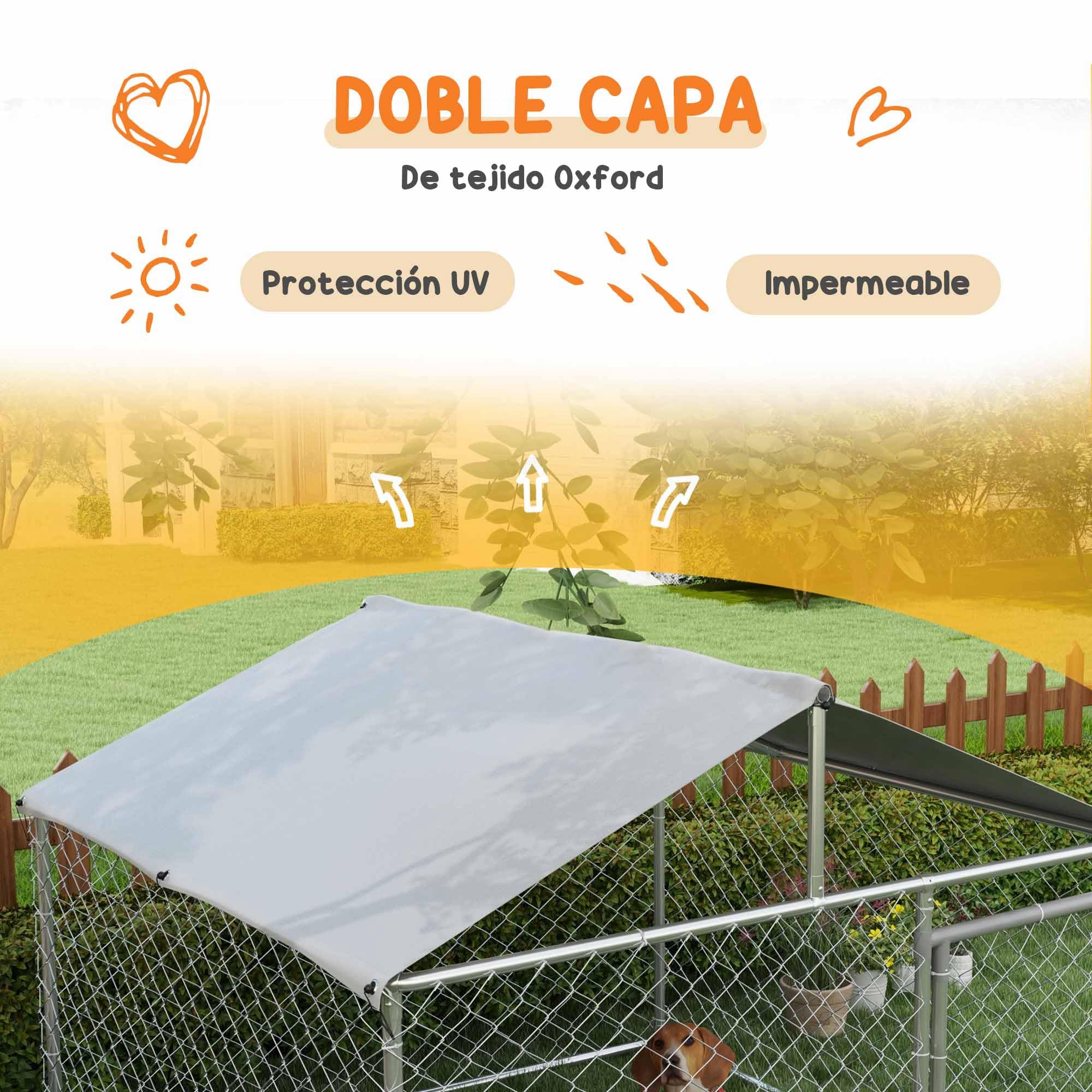 PawHut Perrera Jaula de Exterior para Perros Medianos Parque para Perros con Cerradura Marco de Acero Toldo Impermeable y Anti-UV 200x200x150 cm Plata