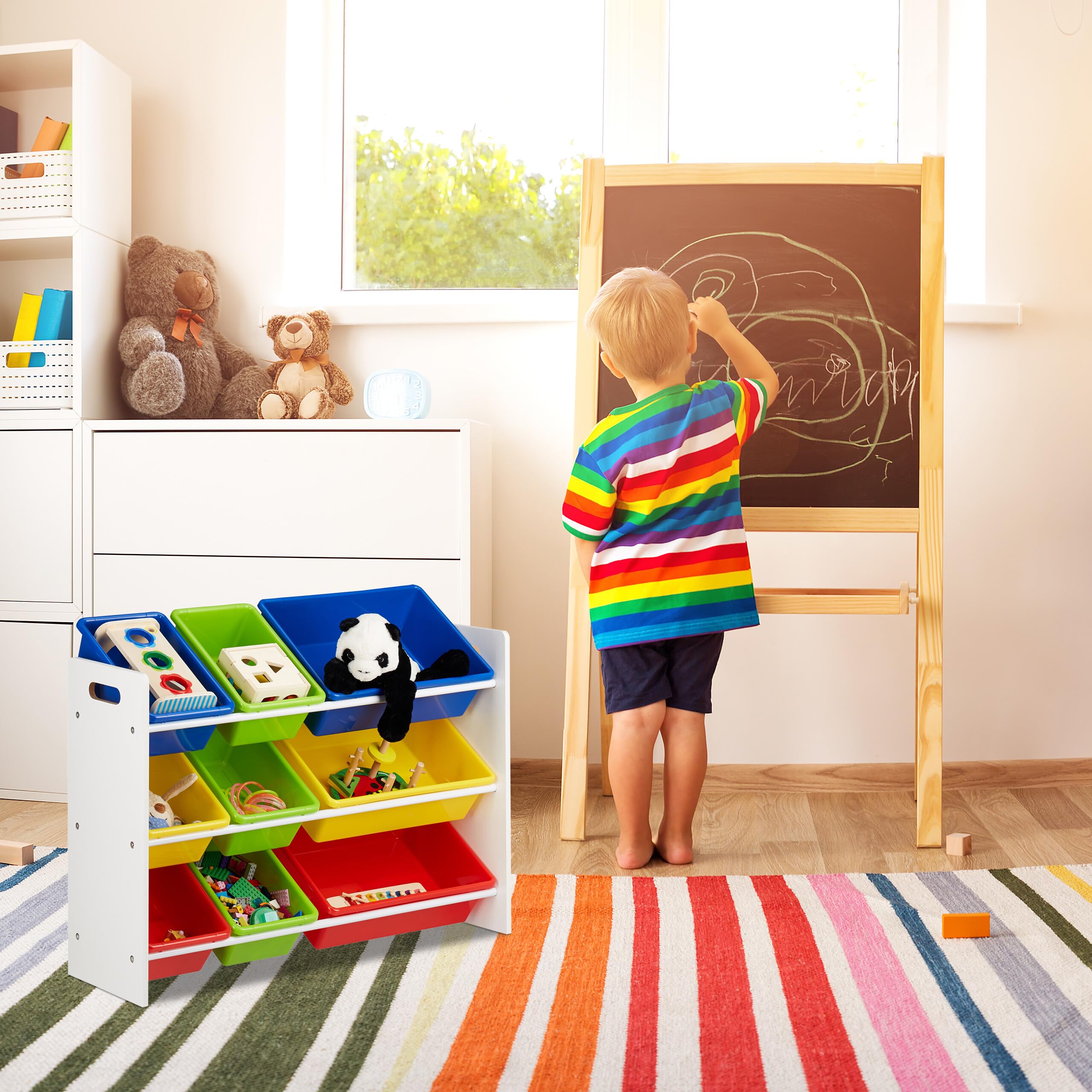 Relaxdays Étagère pour Enfants, Organisation 9 Boîtes de Rangement pour jouets Colorées, Mdf