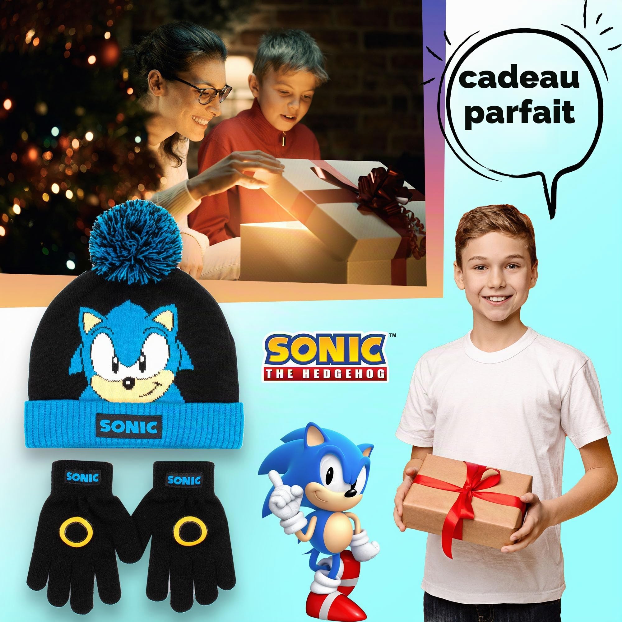 SONIC THE HEDGEHOG Ensemble bonnet et gants d'hiver pour garçons – Bonnet et gants chauds et confortables – Parfait pour les enfants âgés de 6 à 12 ans