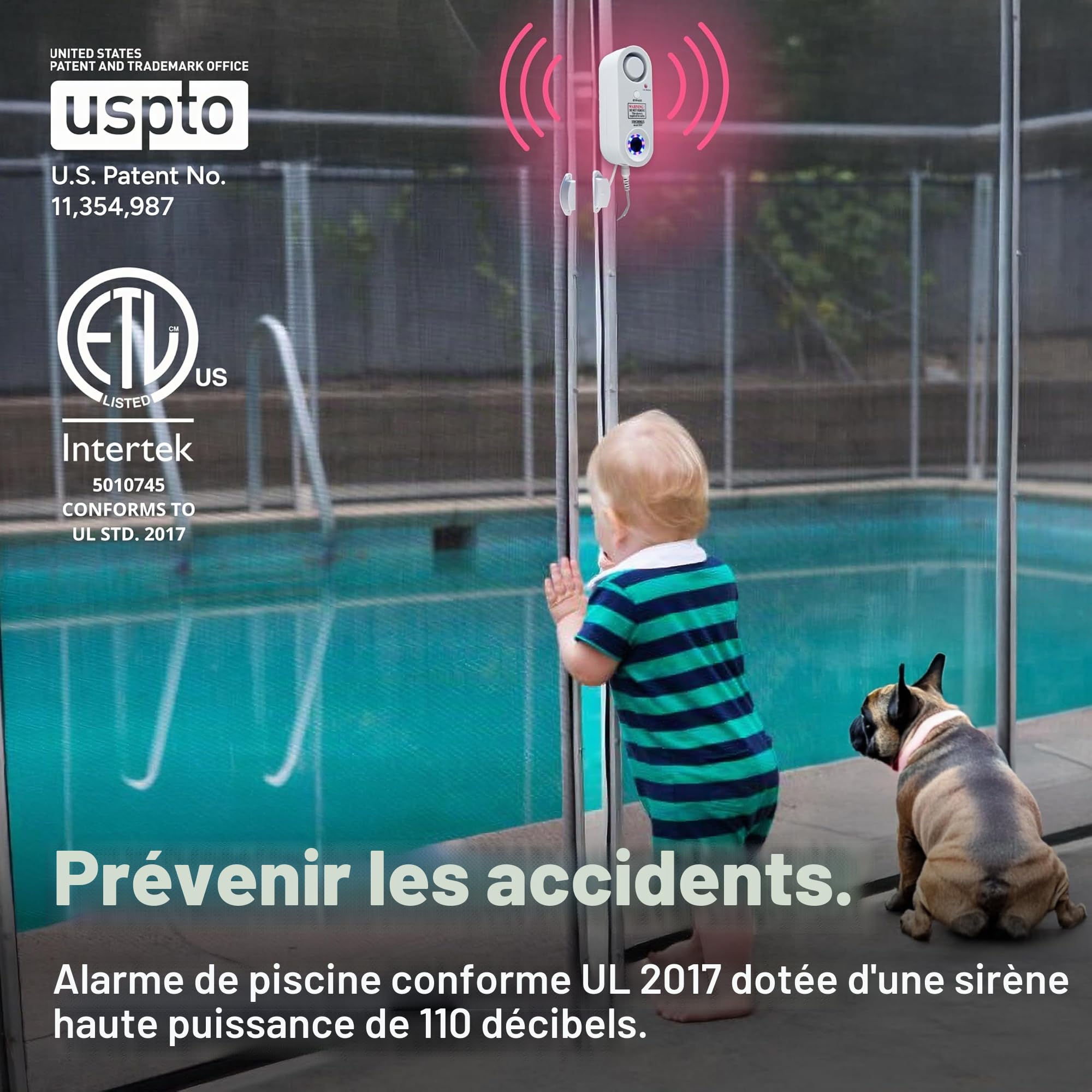 Techko S287 Alarme de piscine stroboscopique LED, lumières stroboscopiques, système d'alarme 115 dB, conforme à la norme UL 2017, résistante aux intempéries