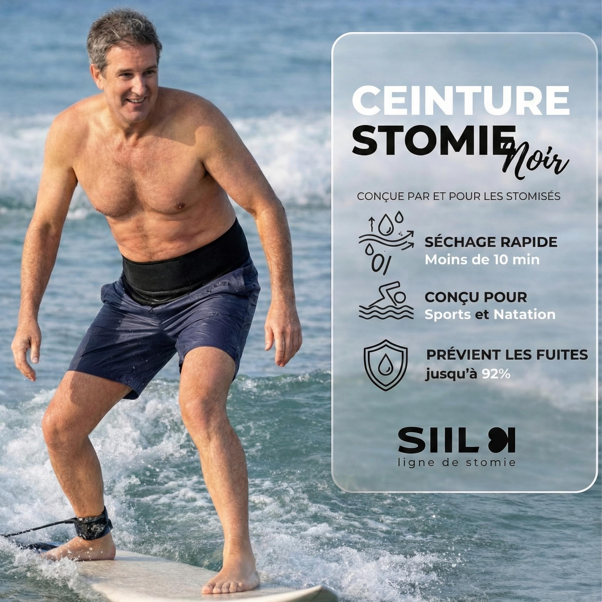 SIIL Ceinture de Stomie Homme & Femme - Poche de Stomie Discrète pour Sport et Natation - Fermeture Améliorée (Zip & Velcro) - Fabriqué en UE