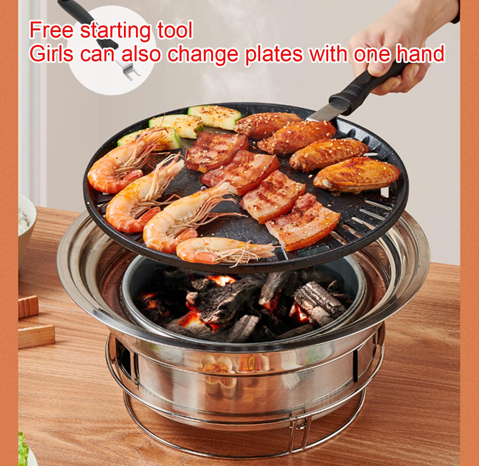 Griglia per Barbecue a Carbone, Griglia per Barbecue Coreana Antiaderente, Fornello a Carbone Portatile In Acciaio Inossidabile per Campeggio All'aperto per Feste In Casa