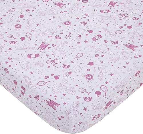 Disney Princess - Sábana bajera ajustable para cuna, diseño de castillo blanco y rosa, corazones y estrellas, rosa, blanco
