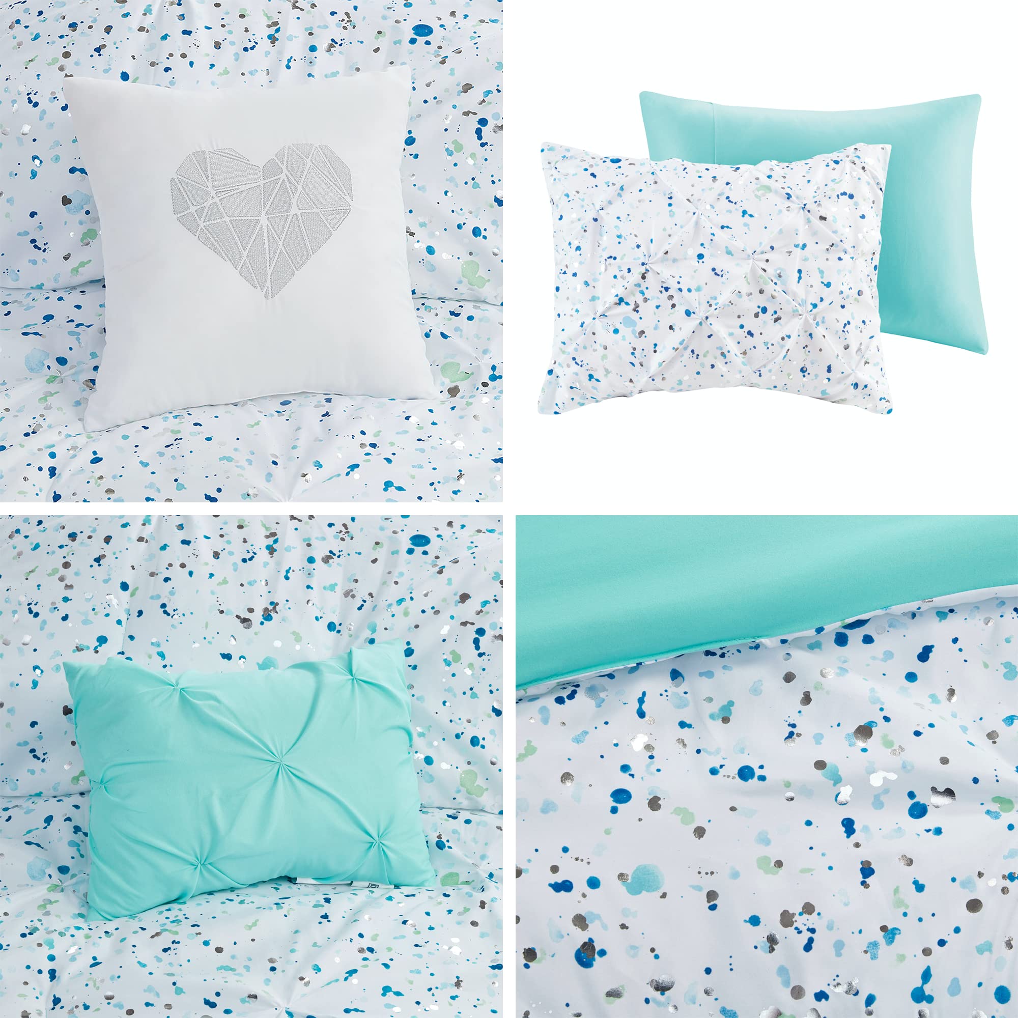Intelligent Design Abby 5 Piece Comforter Set Microfiber Metallic Watercolor Print Pintucked Design Embroidered Toss Pillows Modern All Season Bedding, Matching Sham, Full/Queen Aqua 5 Piece