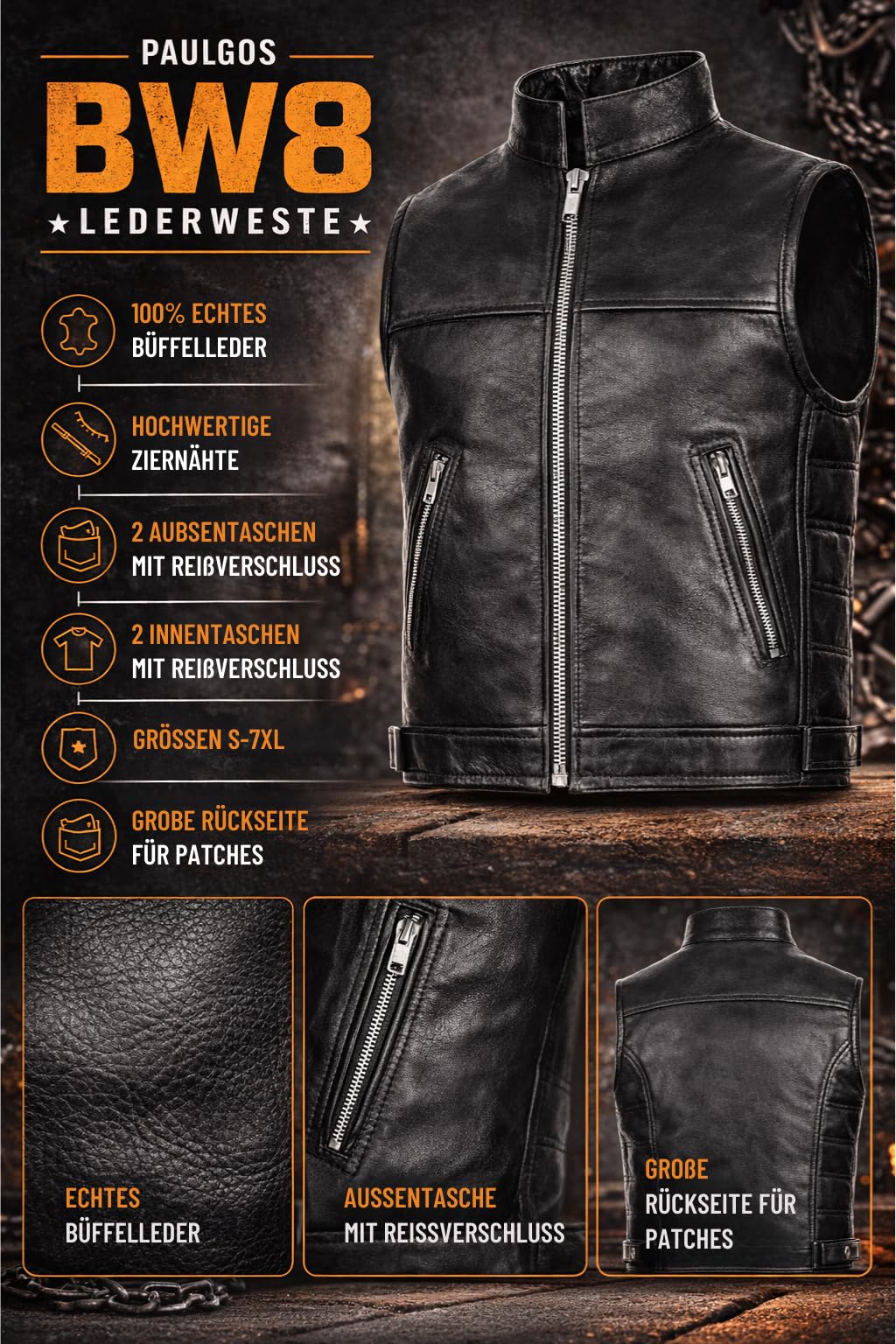 PAULGOS Lederweste Weste Kutte Leder Biker Rocker Motorrad Clubweste Bikerweste Motorradweste Schwarz BW8