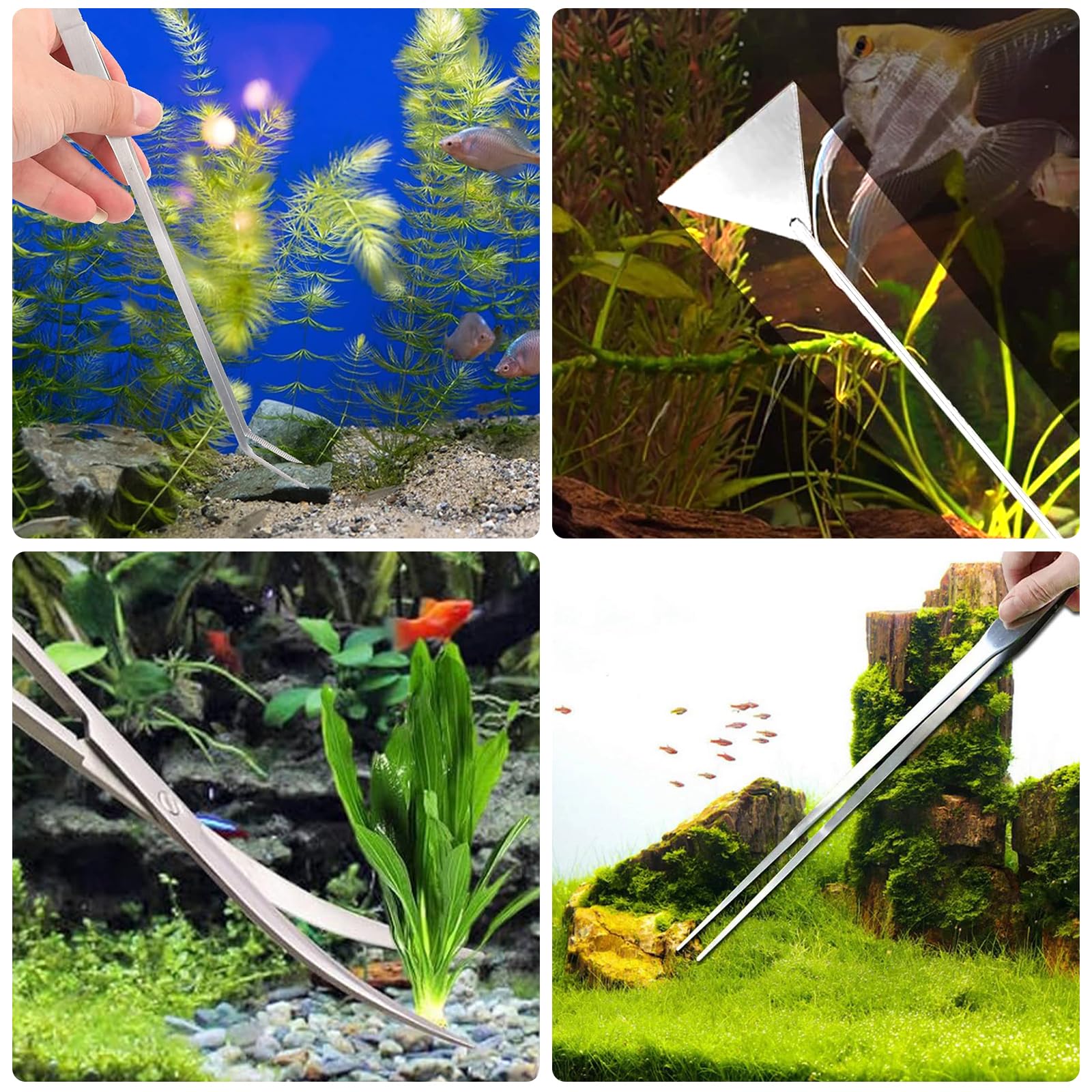Kit d'outils aquarium 4 en 1 en acier inoxydable avec pince longue, ciseaux, spatule, kit de démarrage pour le nettoyage du gravier et des plantes d'aquarium