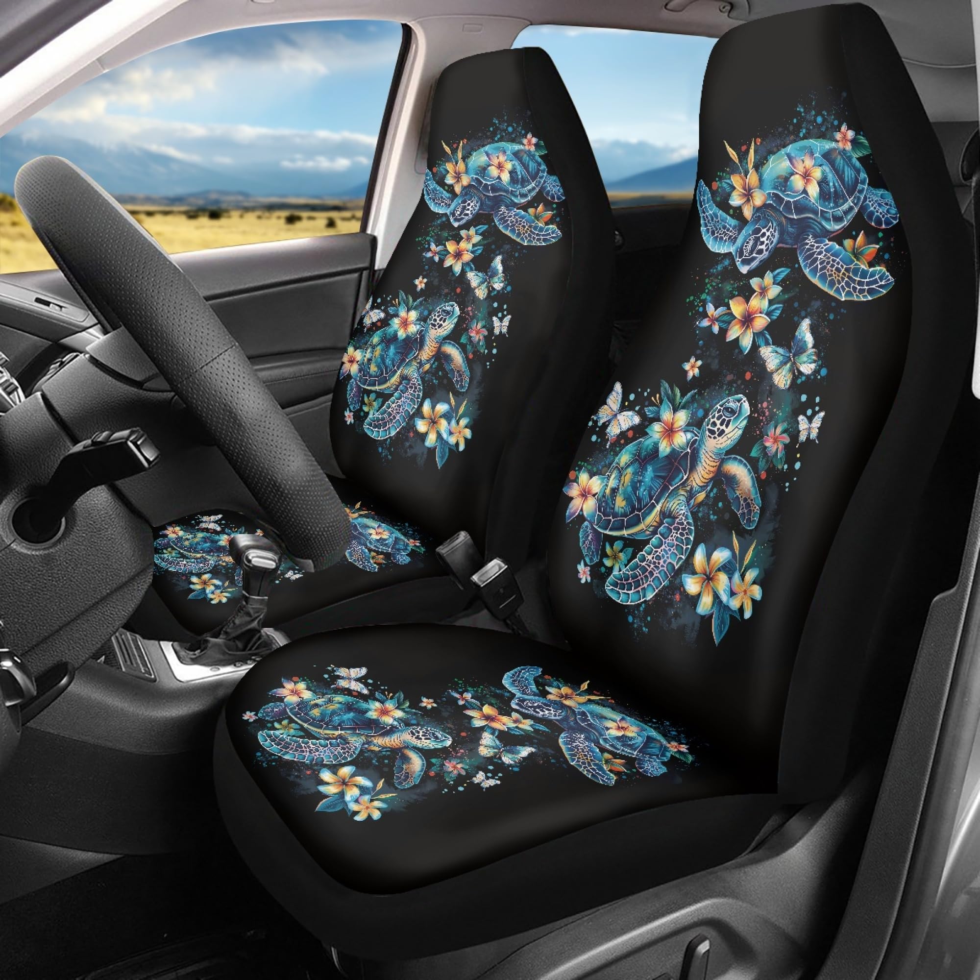 Knextrepoy Sea Turtle Car Seat Covers Front Seats Protector High Back Seat Covers for Trucks Auto Seat Covers for Most Cars,Van,SUV Interior Accessories Decor Set of 2,Black