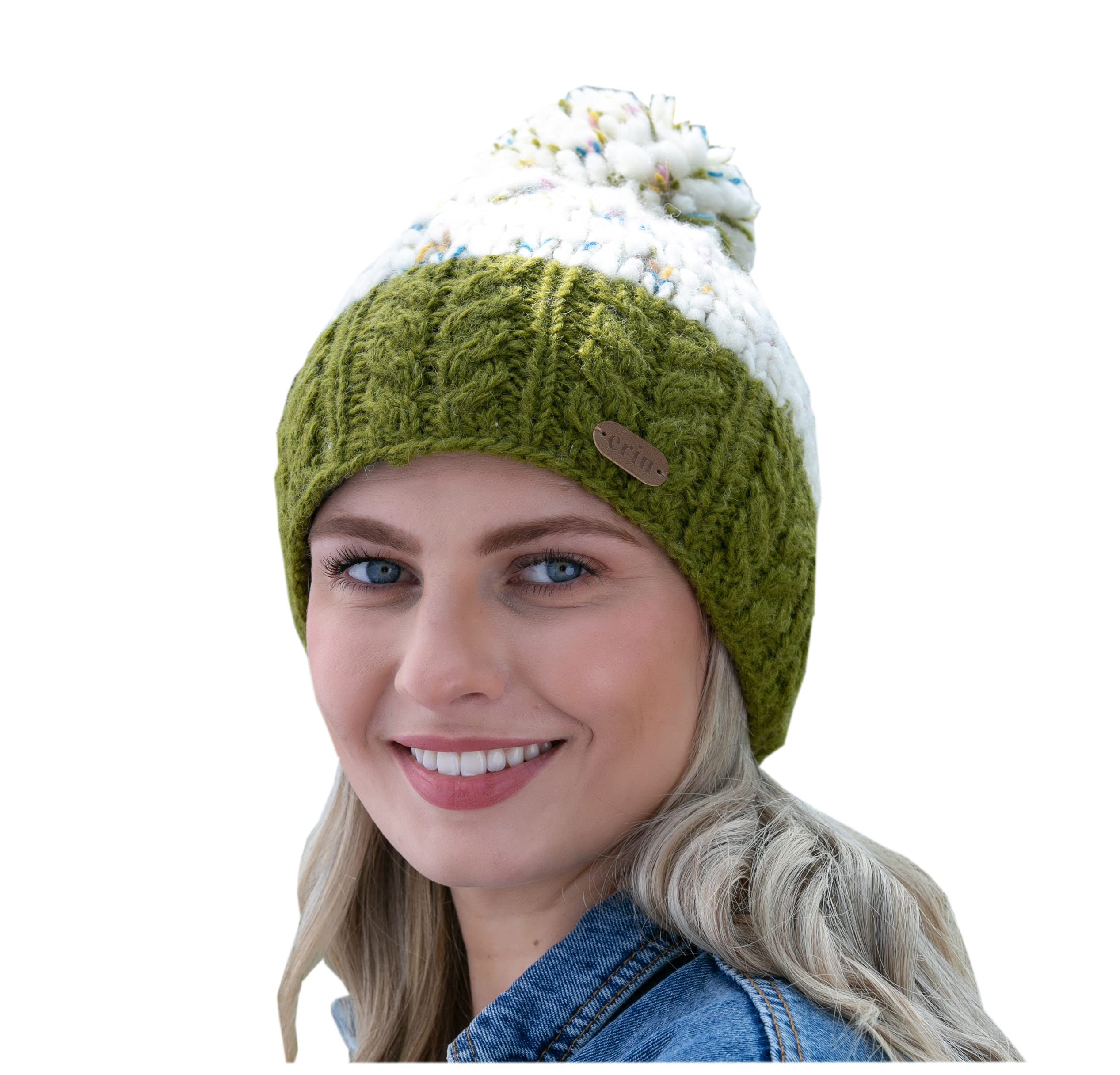 Erin KnitwearIrish Wool Cable Knit Winter Beanie Hat, Fleece Lined