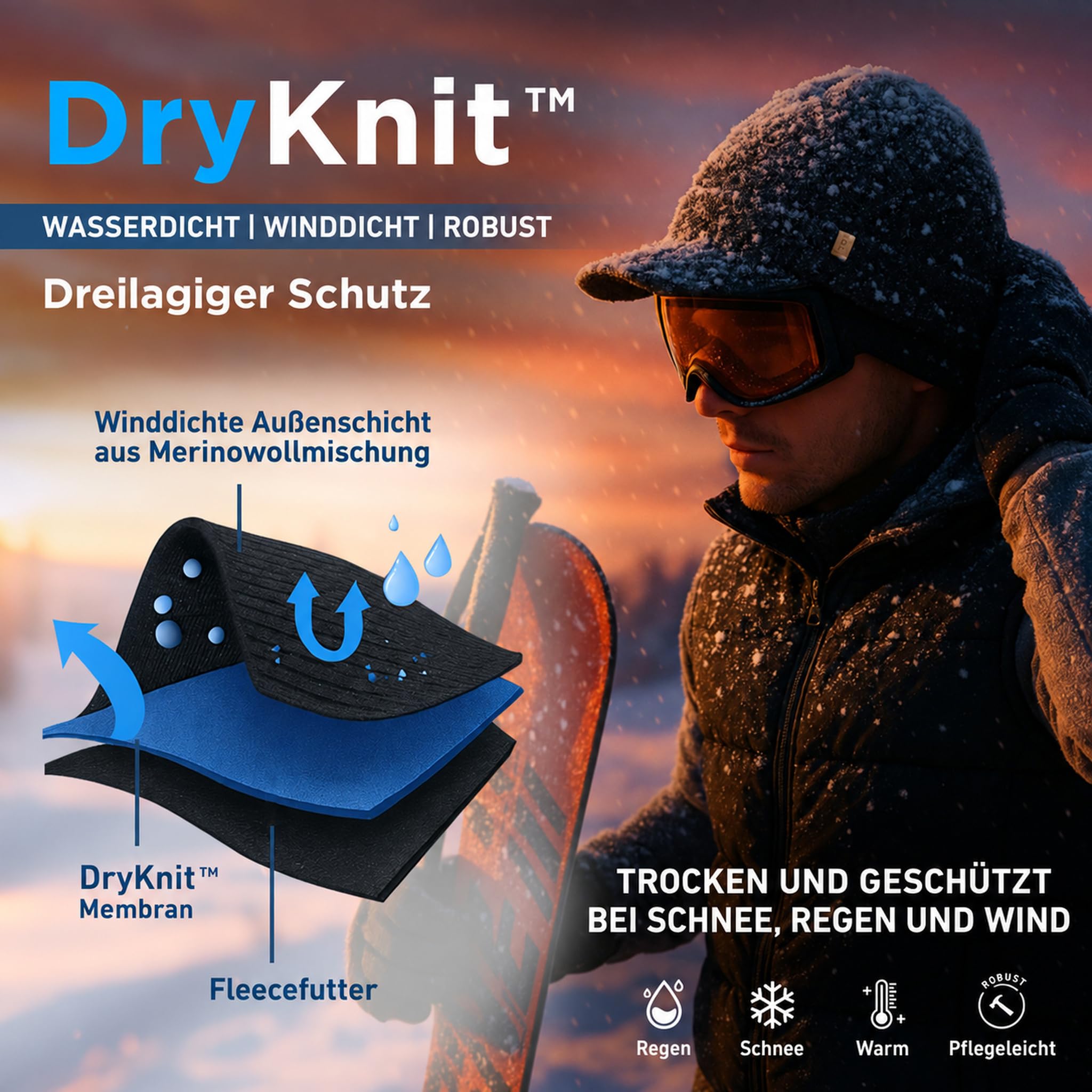 DryKnit Wasserdichte Schirm-Beanie aus 80 % Merino mit Polartec-Fleece