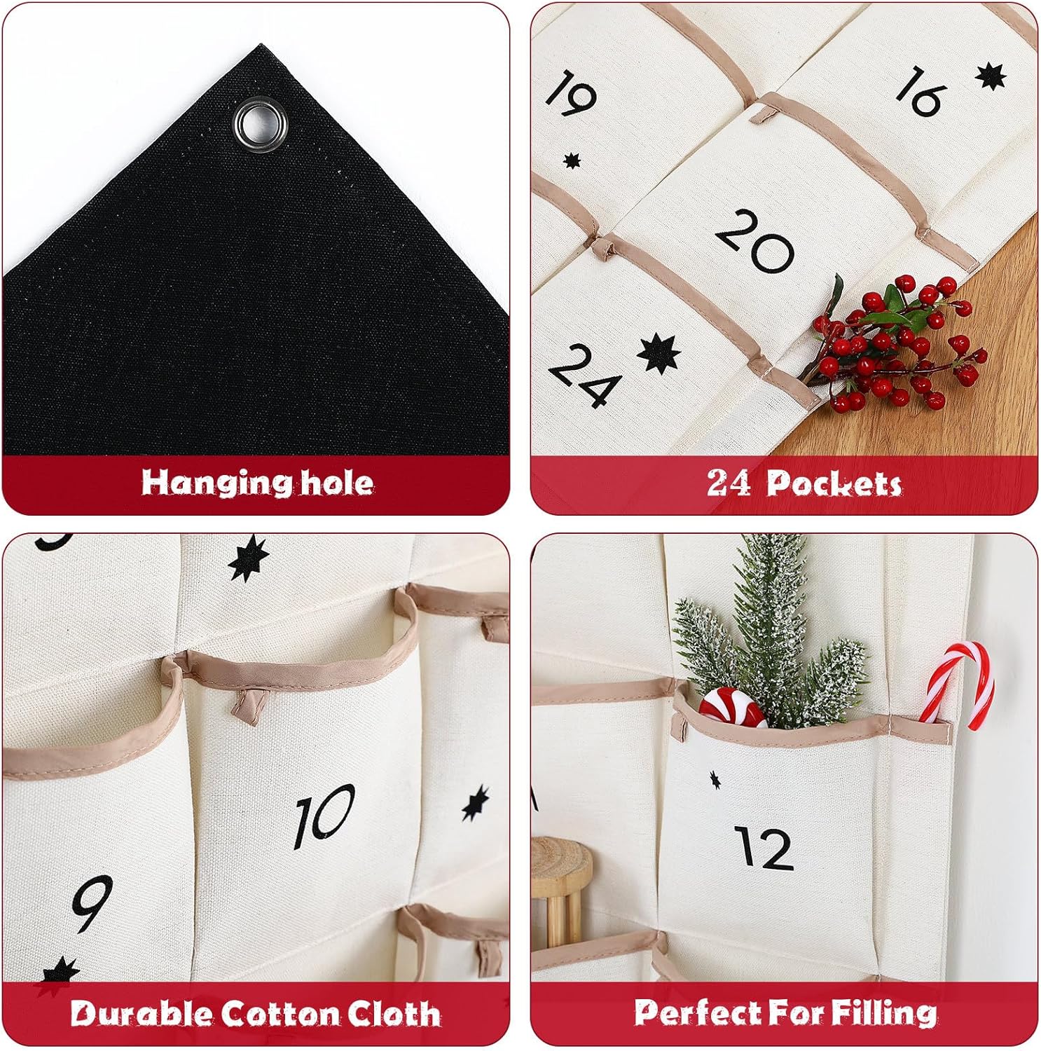 Zerodeko Christmas Calendar Multi-pockets Storage Bag, Wall Hanging Sundries Organizer with 24 Pockets, Cotton Fabric for Holiday Decoration