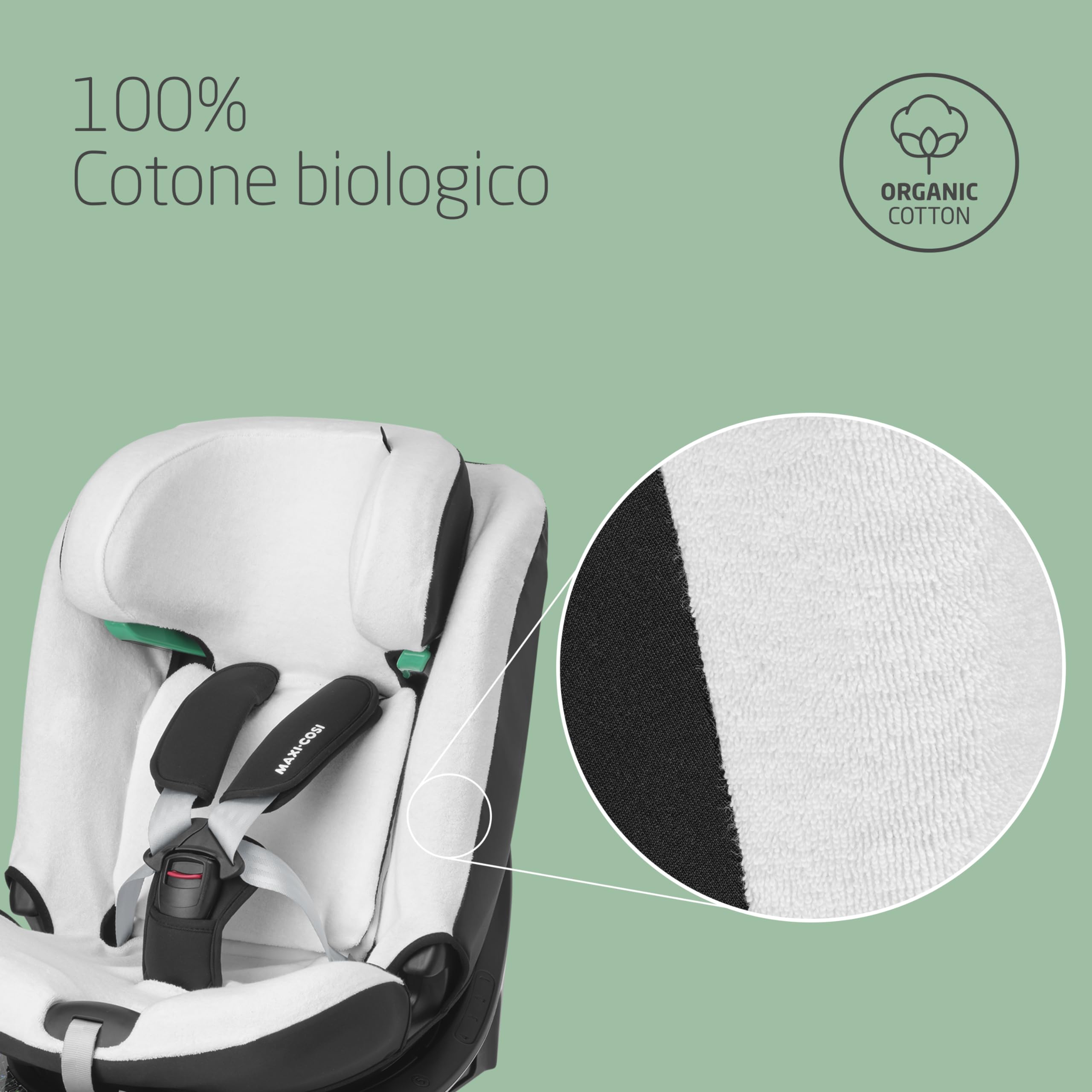 Maxi-Cosi Rivestimento Seggiolino Auto in cotone organico per Emerald 360 S, Copri seggiolino per bambini, Morbido, Materiale traspirante che assorbe l'umidità, Lavabile in lavatrice, Natural White
