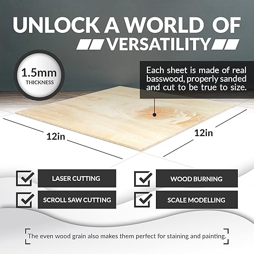 Miniatura 4 de Hojas de tilo 1/16, madera artesanal 10 unidades – 12 x 12 x 1/16 pulgadas – Hojas de madera Cricut de 0.059 in, hojas de madera contrachapada con