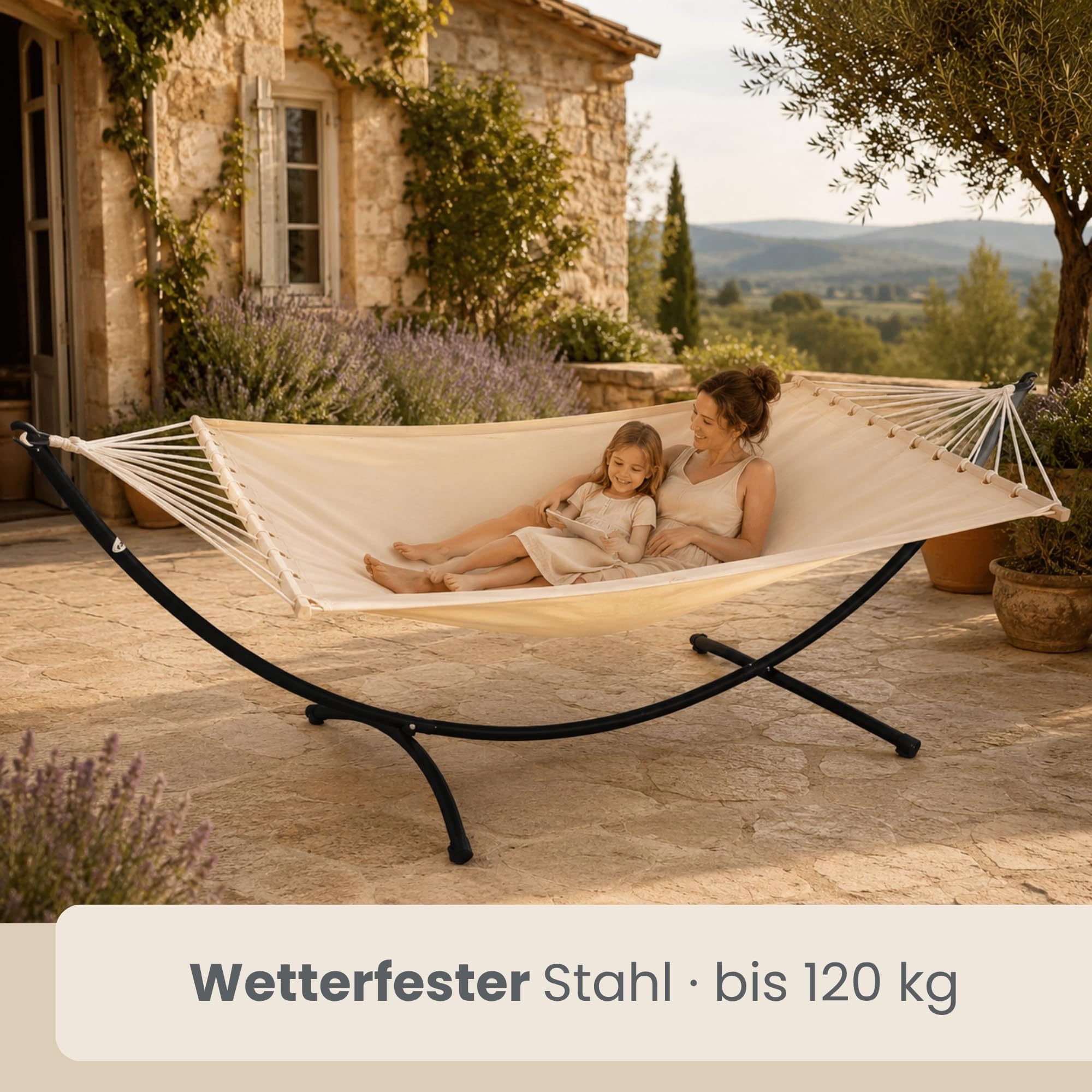 bequeme hängematte outdoor AMANKA mit Gestell 200x120 cm XXL bis 120 kg - Doppel Hängematte Set mit 300 cm Hängemattenständer 38mm gear Breite:35cm Top Gear series 25,