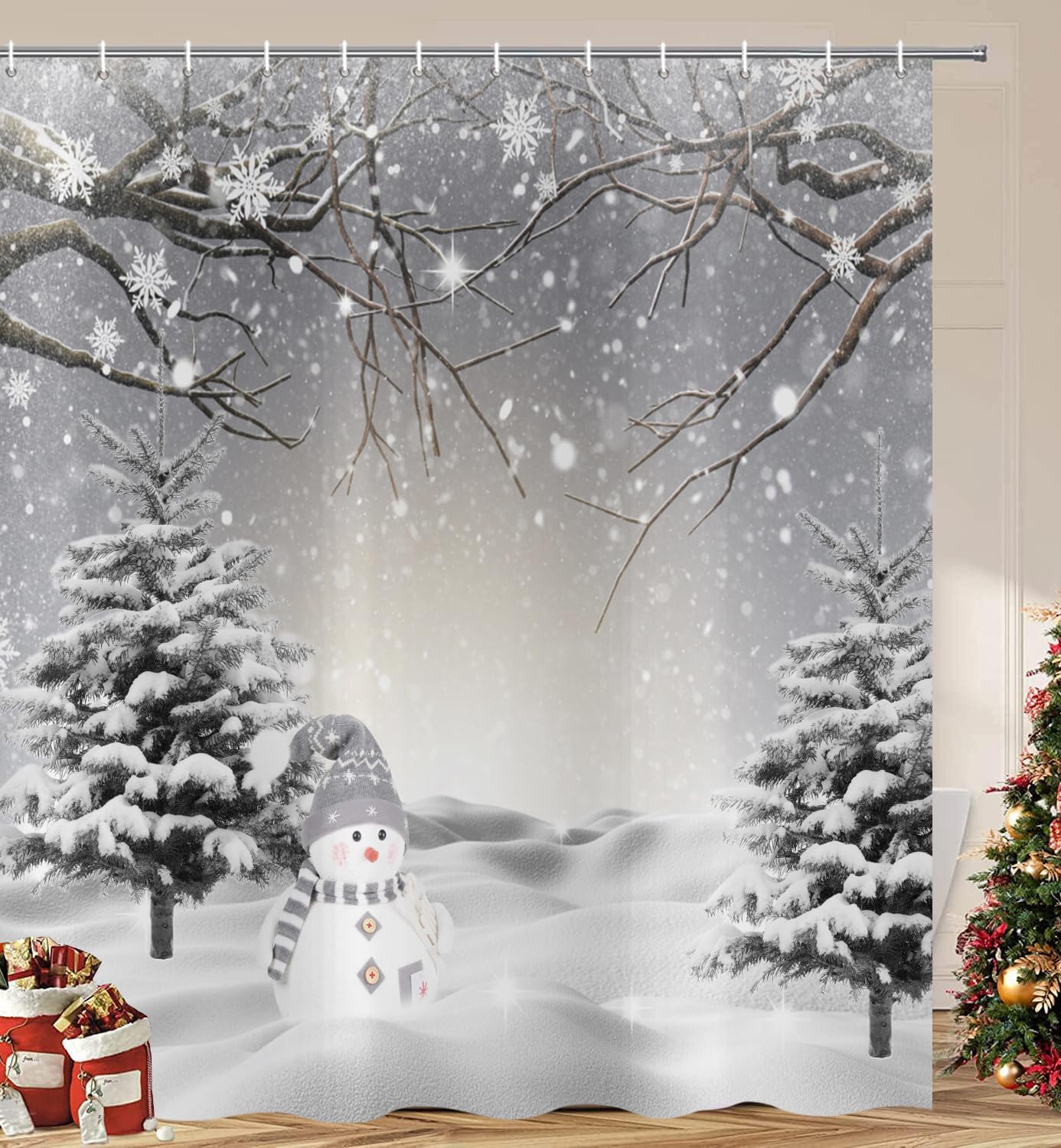 ASDCXZ Christmas Shower Curtain 165x180 cm, Winter Snow Scene Christmas Tree Cute Snowman Gray Washable Bathroom Shower Curtains Polyester Textile Waterproof Shower Curtain for Bathtub with 12 Hooks