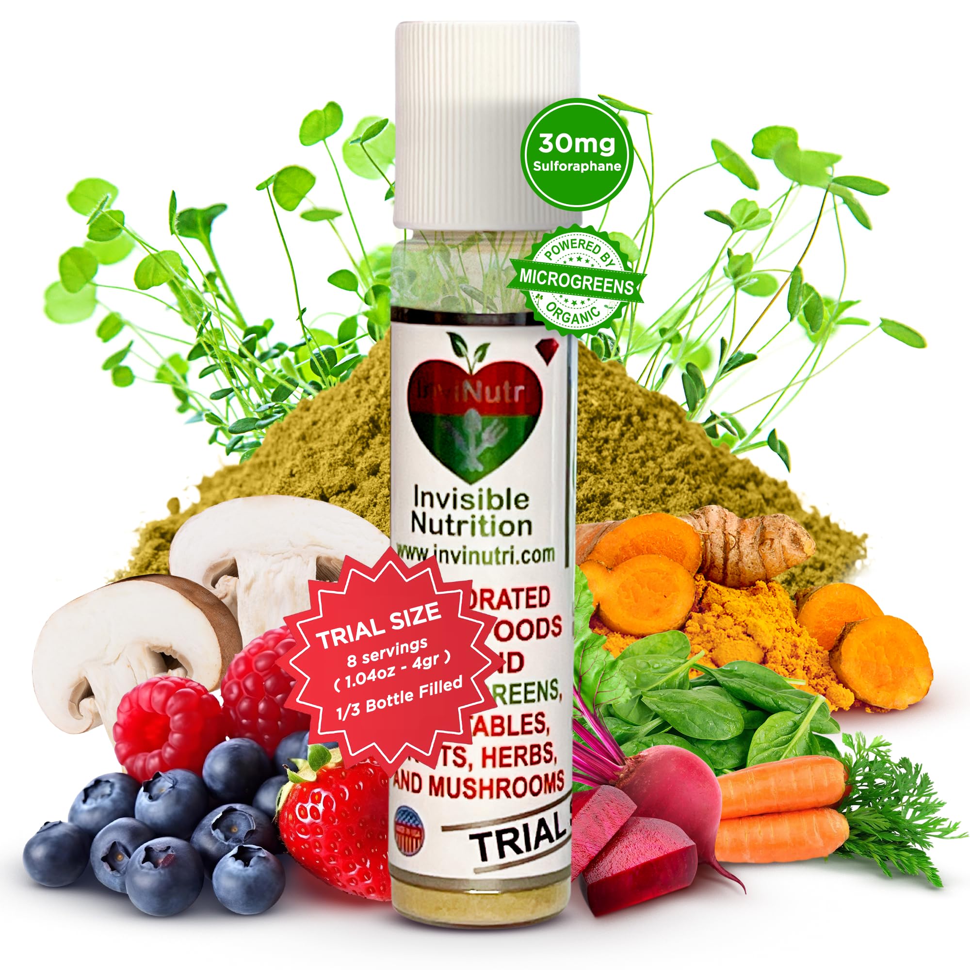InviNutri Microgreens, Real-Food, Non-Synthetic, Natural Multivitamin Powder for Neurodivergent & Picky Eater, 40X Micronutrients & 30mg Sulforaphane, Neutral Taste, Antioxidant, US Made | Trial Size