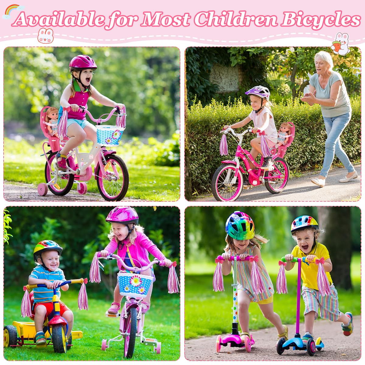 Seggiolino per Bicicletta per Bambole, Set di Sedili per Biciclette di Bambole con Adesivi Fai da Te e Manubrio Stelle Filanti, Accessorio Bicicletta per Bambini