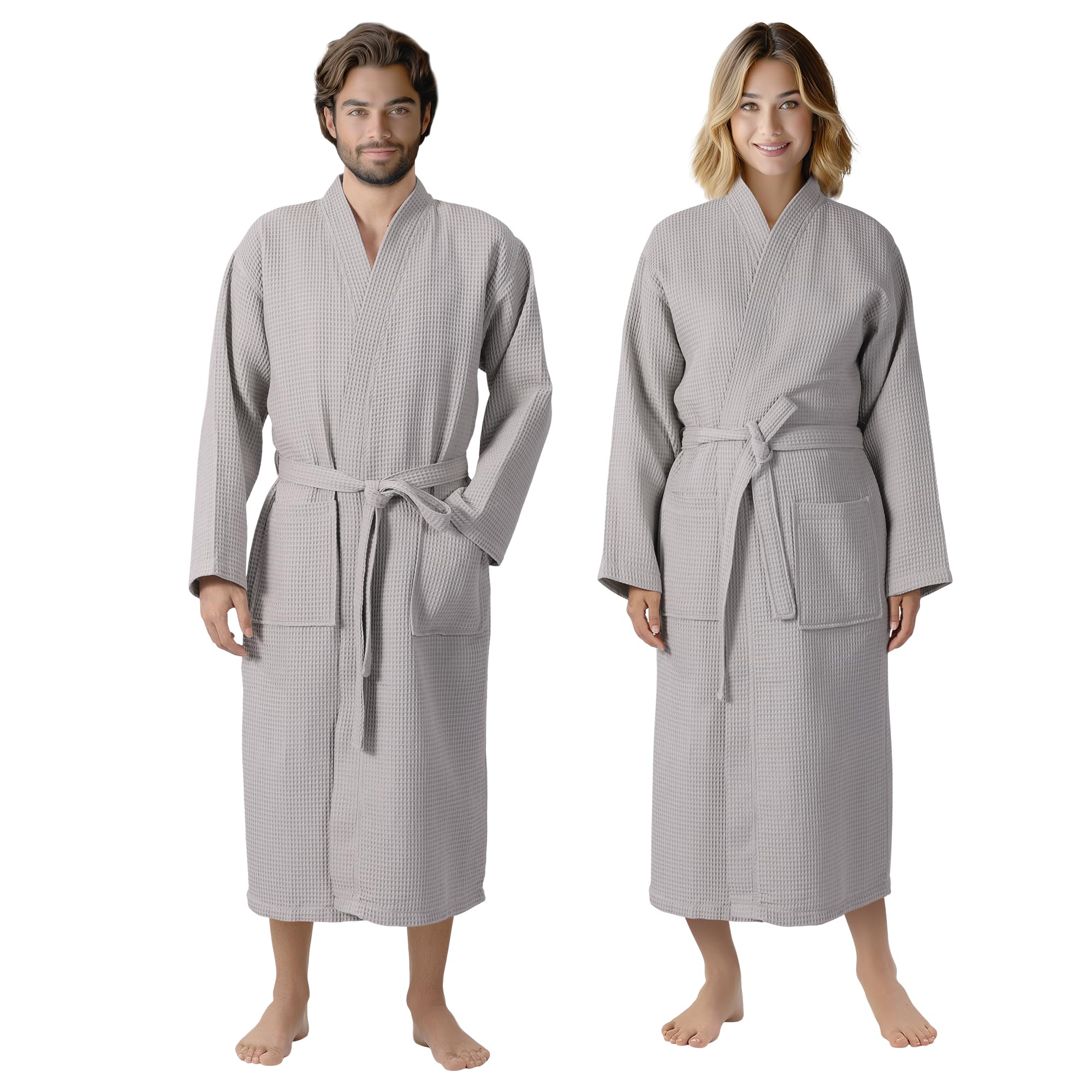 Homelevel Women's Grey Waffle Cotton Dressing Gown Men And - Mens Dressing Gowns Lightweight Bathrobe - Towelling Spa Robe Bathrobes - Towel Bath Robes For - Medium