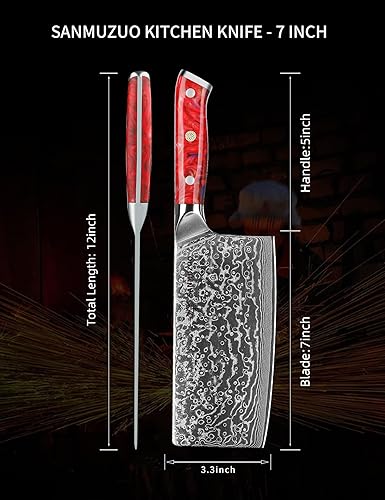 Miniatura 5 de SANMUZUO Cuchillo chino de chef  Cuchillo de carnicero de 7 pulgadas  Serie Xuan  Cuchillo de cocina de acero Damasco VG10  Mango de resina (rojo
