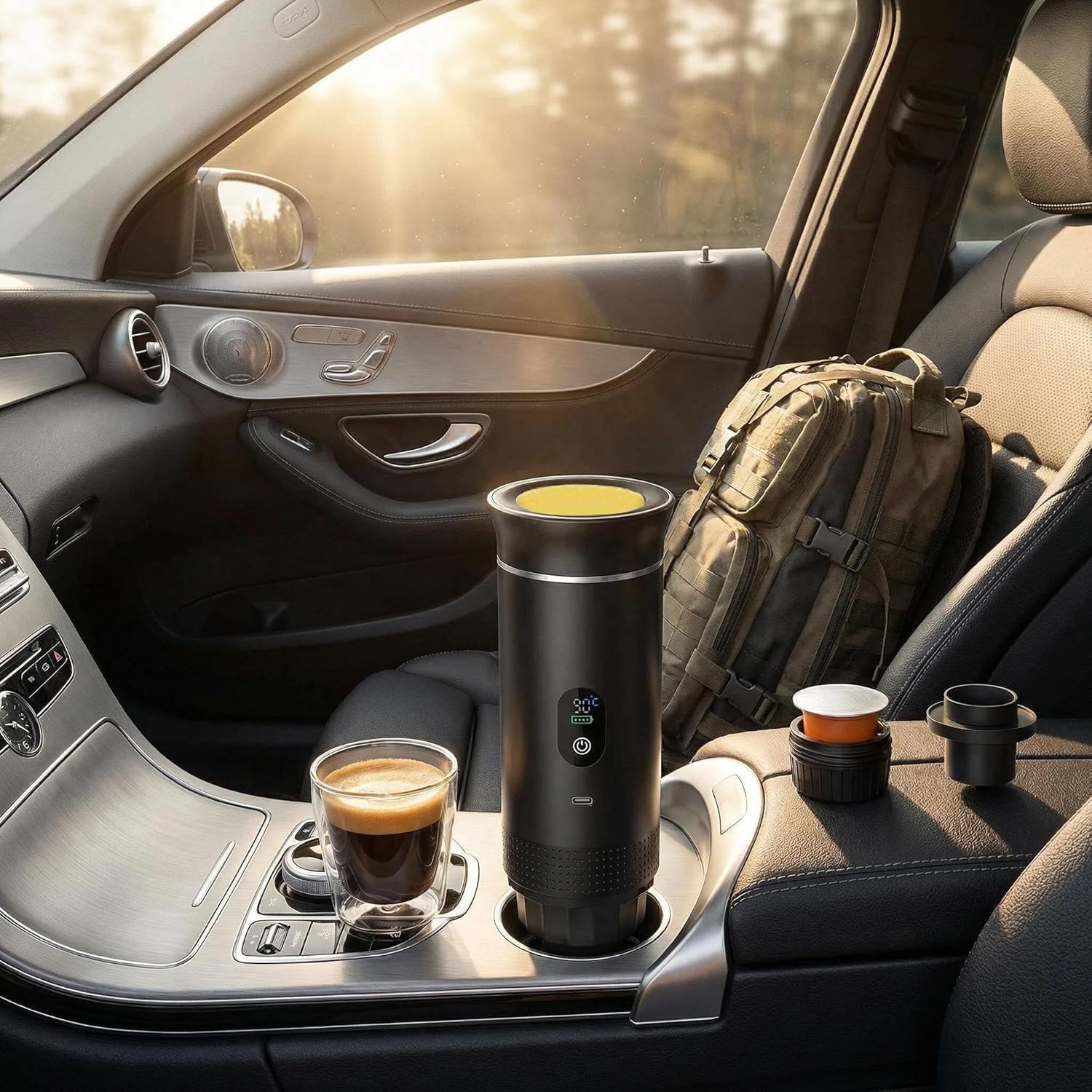 Machine à café électrique portable,Cafetière portable 3-en-1 avec auto-chauffage,Port de chargeur USB-C,Cafetière avec café moulu et capsule NS pour RV, camping, randonnée, bureau