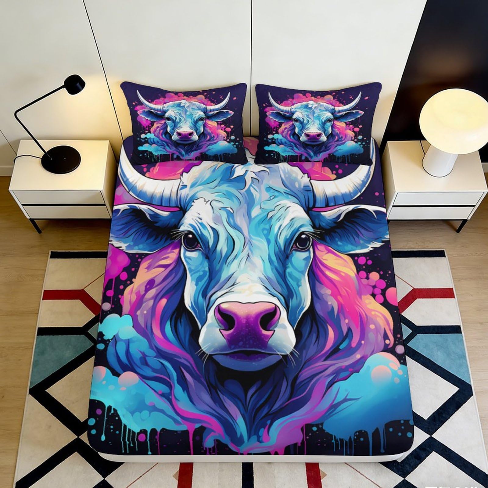 Jqzkxnhpbr Style-10 3D Printed Blue Bull Head Fitted Sheet Microfiber Artistic Animal Mattress Cover Bedroom Dorm Easy Care Decor 90X200x25cm