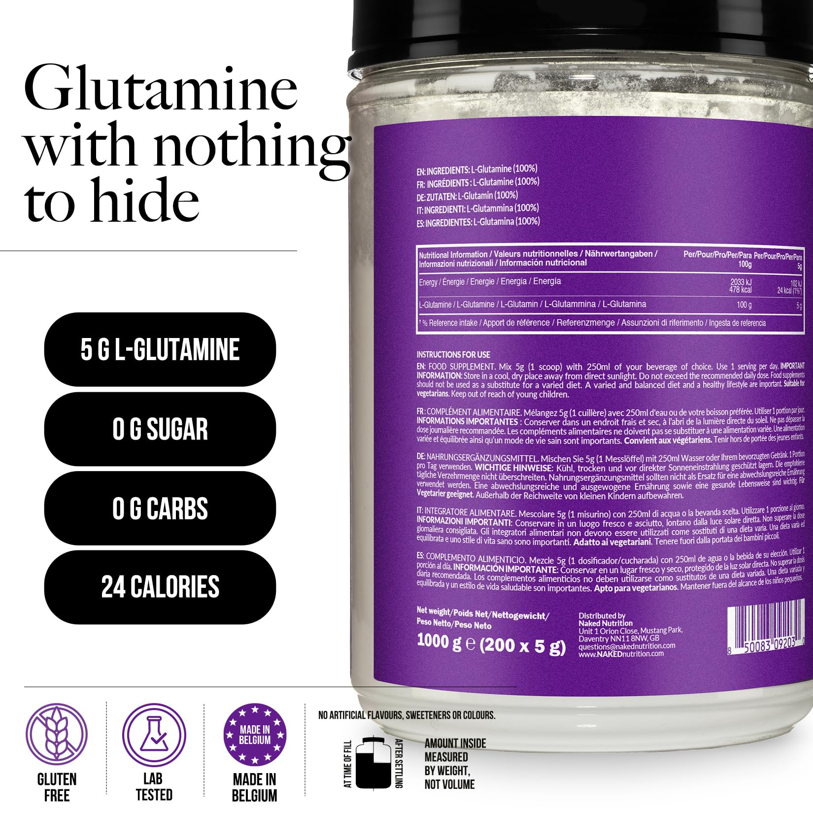 NAKED L-Glutamine – 200 porcji – 1000 g, wegańska, bez GMO, bez glutenu i soi. Pomaga ograniczyć rozpad mięśni i poprawić syntezę białek. Bez dodatków