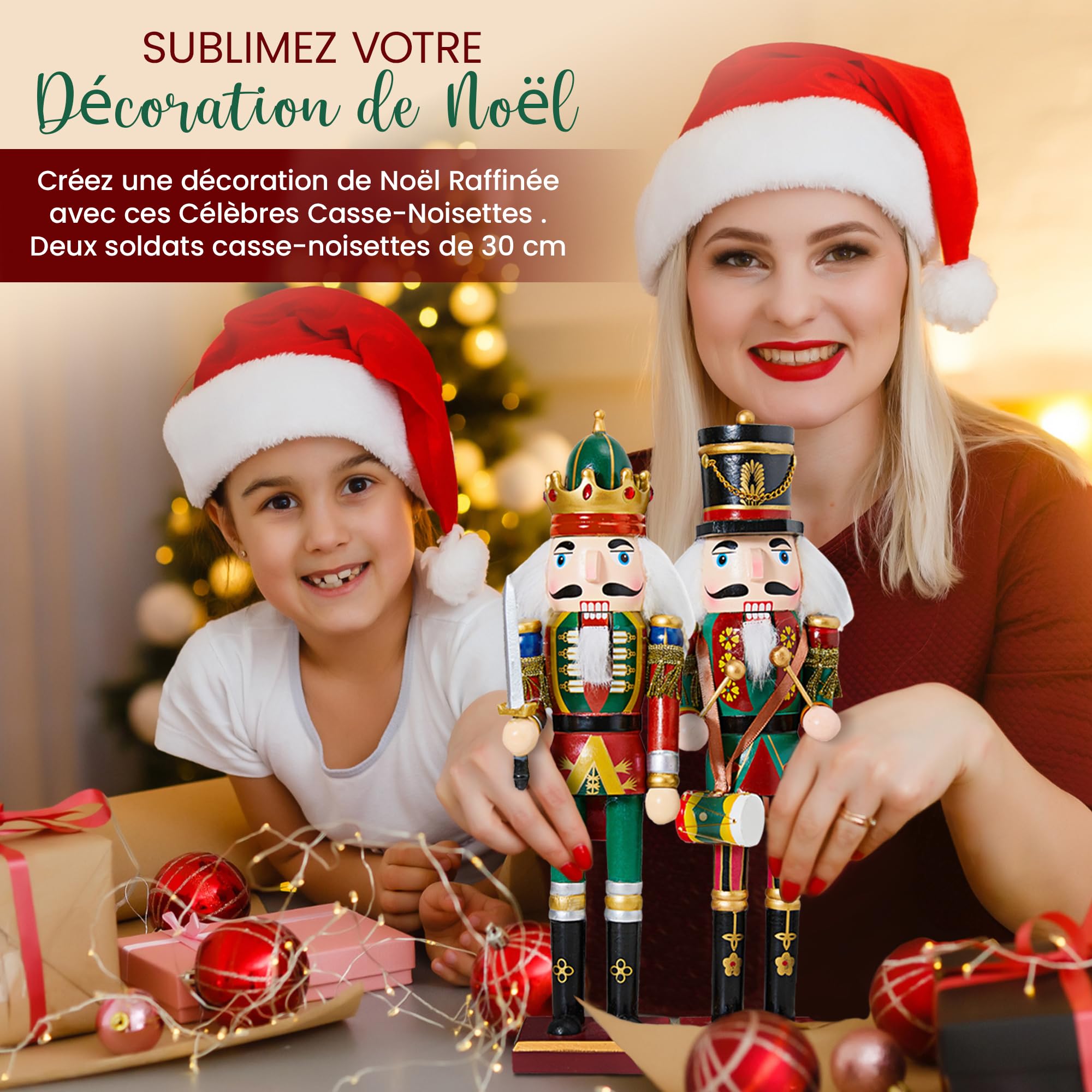 Soldat Casse-Noisette Décoration Noël Traditionnel - 2 Figurines Casse-Noisette Noël en Bois, 30 cm pour déco de Table, Pied de Sapin, crèche, cheminée, Nutcracker Christmas