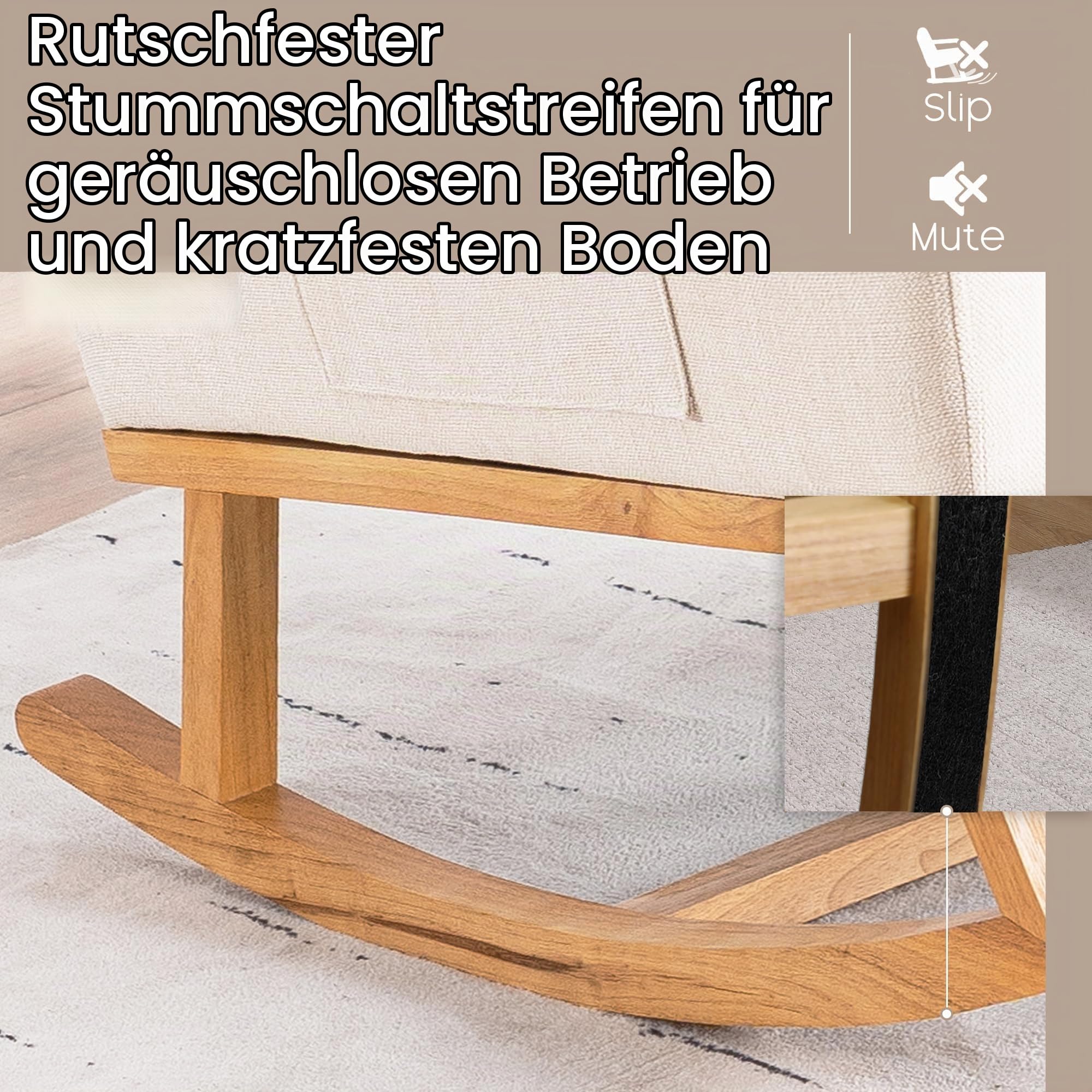 Schaukelstuhl Stillsessel Schaukelsessel, Gepolsterter Stillstuhl mit Holzbeinen & Seitentaschen, Hochlehner Schaukelstuhl zum Stillen für Wohnzimmer, Schlafzimmer und Babyzimmer (Beige-linen)