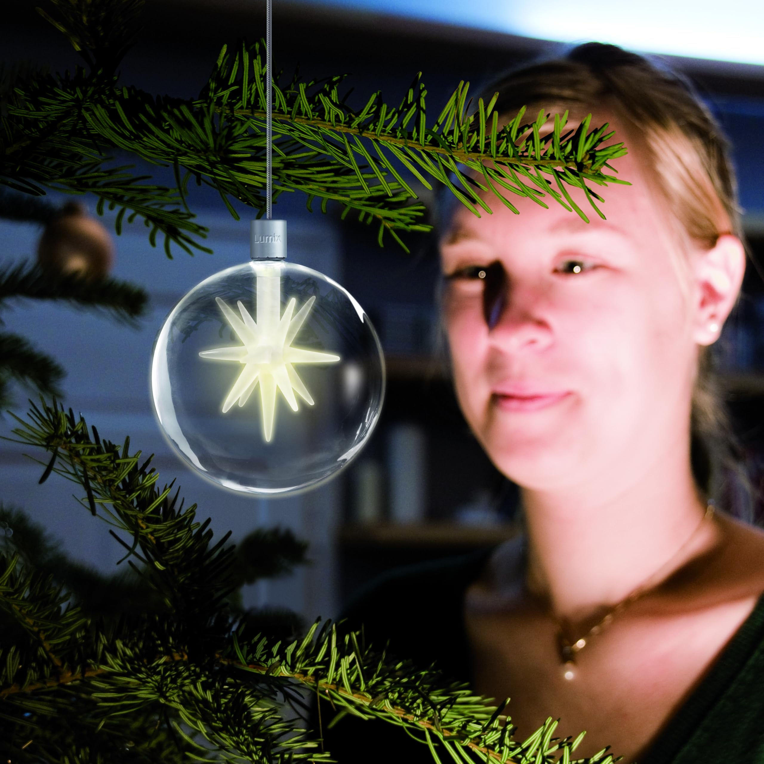 Lumix Light Balls von Krinner 76000-4x mundgeblasene Glaskugeln mit verschiedenen Motiven, warm-weiße LED inkl. Funk-Fernbedienung und Batterien, Weihnachtsdekoration und Christbaumschmuck