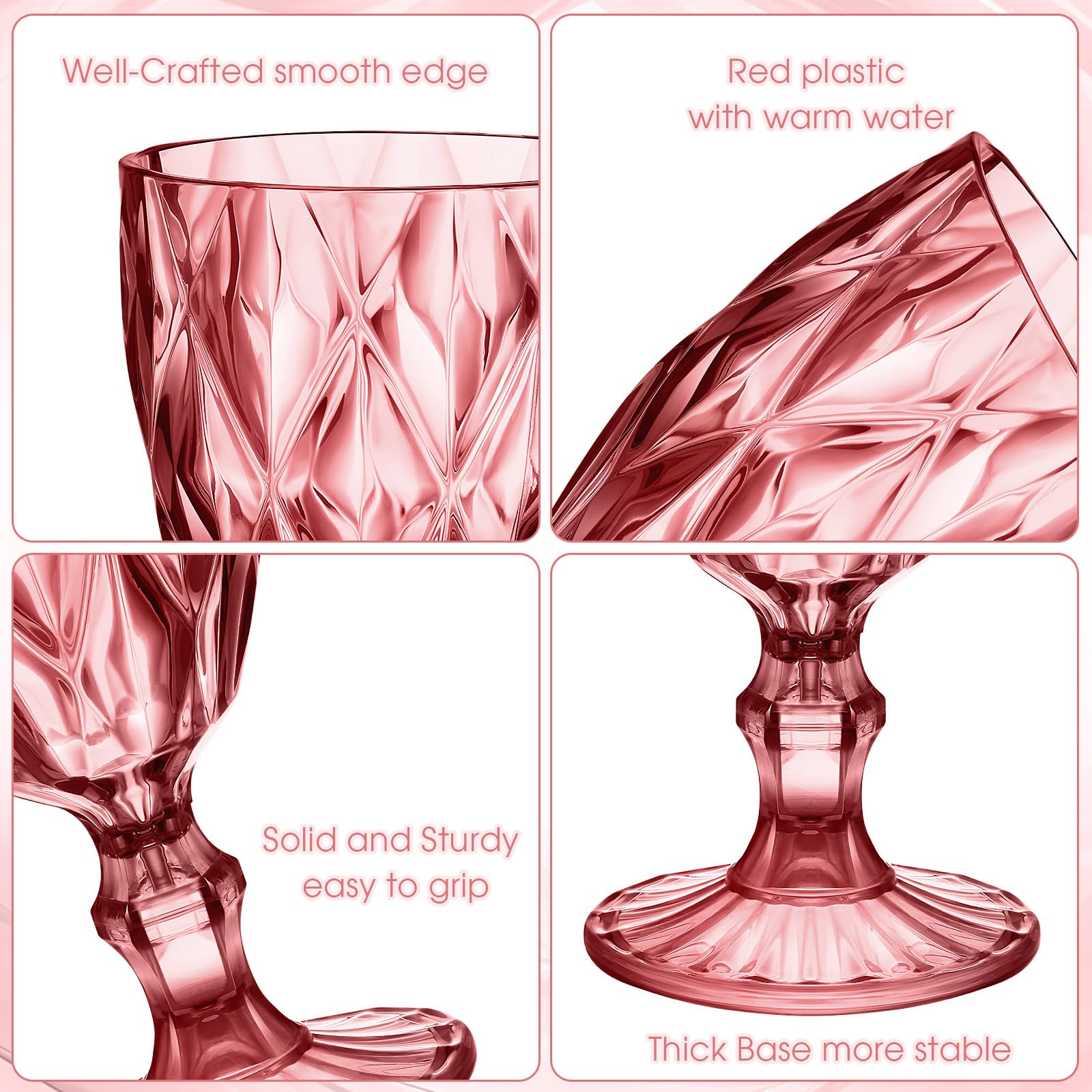 Tioncy 12 copas de vino de plástico vintage copas de agua irrompibles de 11 onzas, copas de vino reutilizables a granel, copa de champán para boda, recepción, ducha, bar, cumpleaños (rosa rosa)
