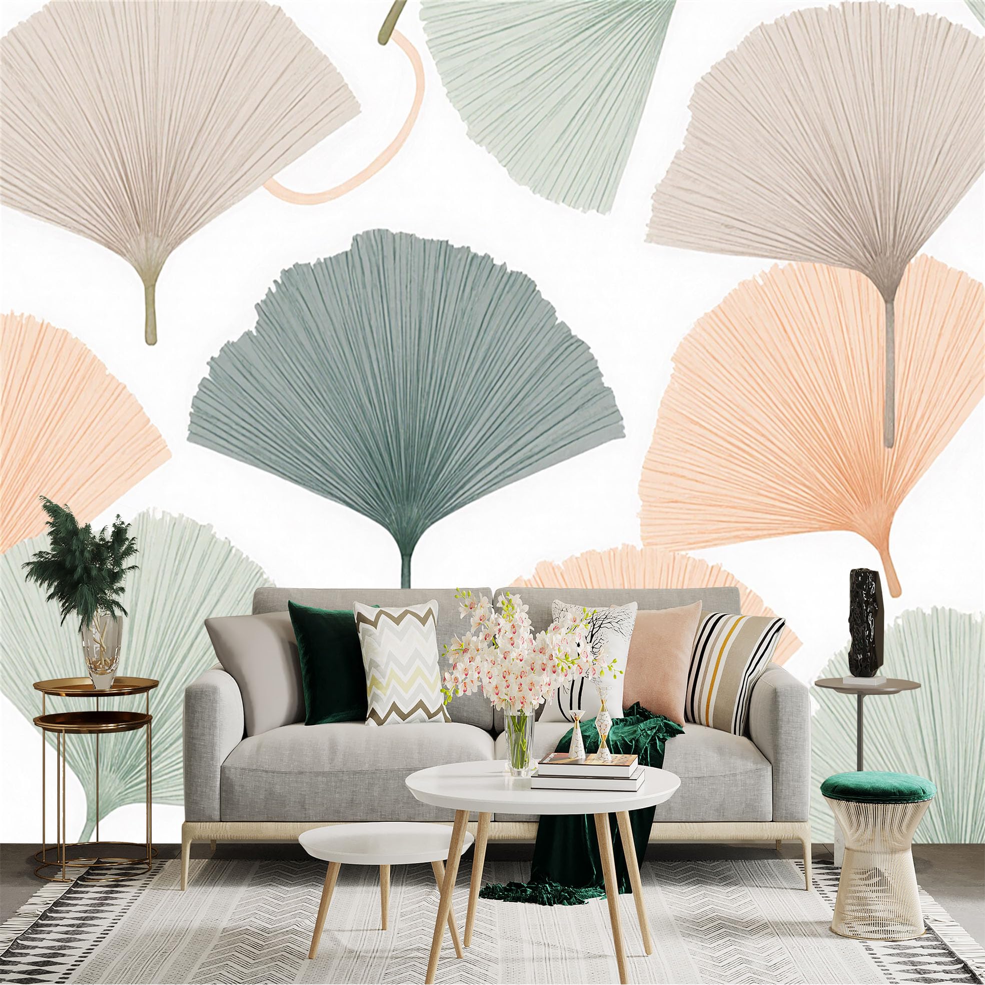 Custom Size Wall Sticker Mural， Soft Pastel Ginkgo Leaves， Minimalist Botanical Art， Abstract FanShaped Foliage， for wall Decoration， peelandstick wall Decals.