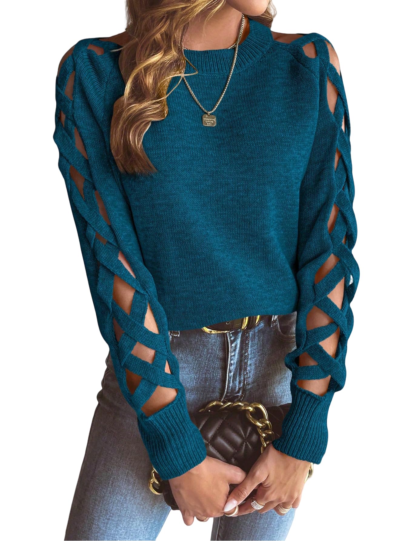 Womens Cute Cold Shoulder Pullover Sweaters Knitted Cozy Fitted Long Sleeve Trendy Sweater for Fall and Winter