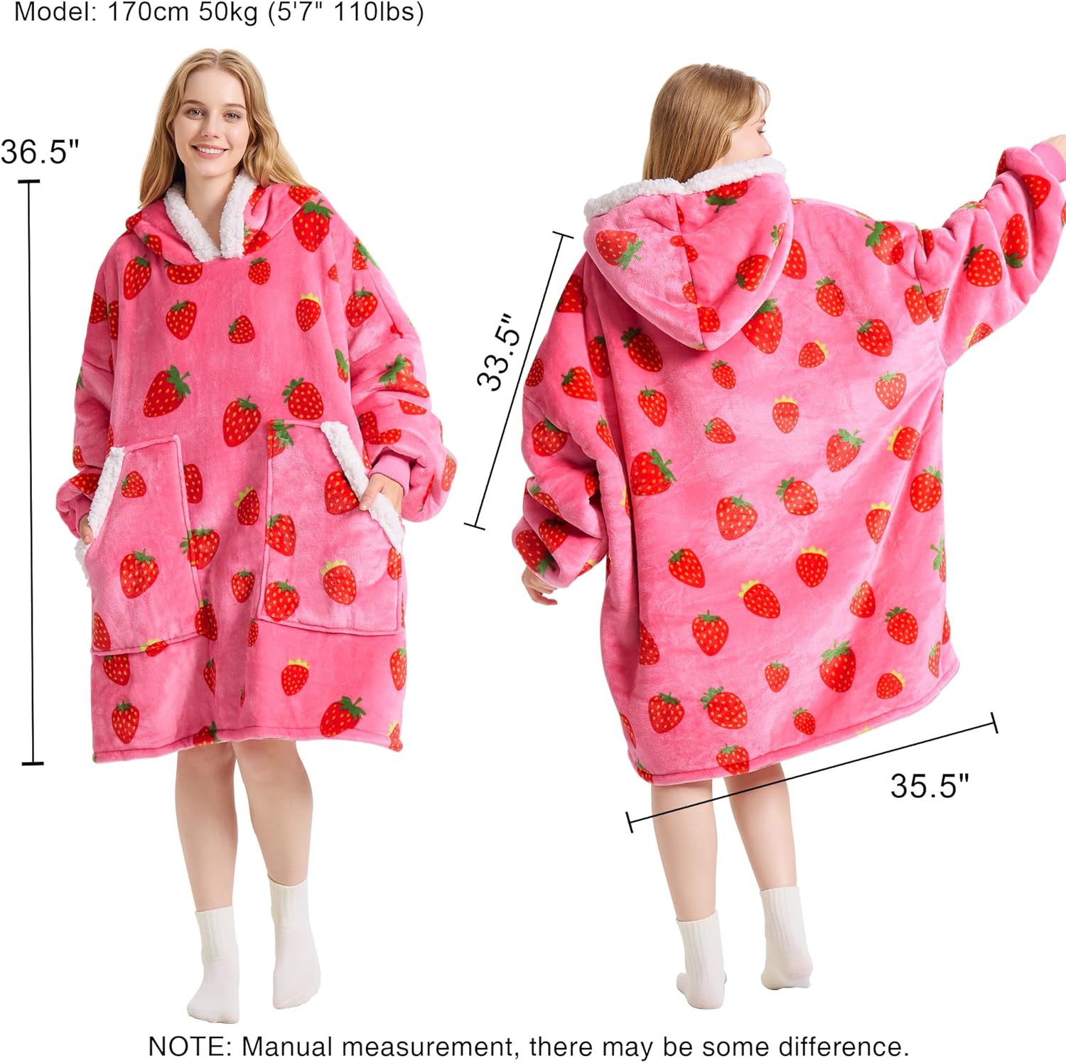 Kipswiza Strawberry Wearable Blanket Hoodie - Soft Cozy Sherpa Fleece Oversized Hooded Blankets Sweatshirt Birthday Gifts for Women Girls Sisters Mom Daughter - Image 5