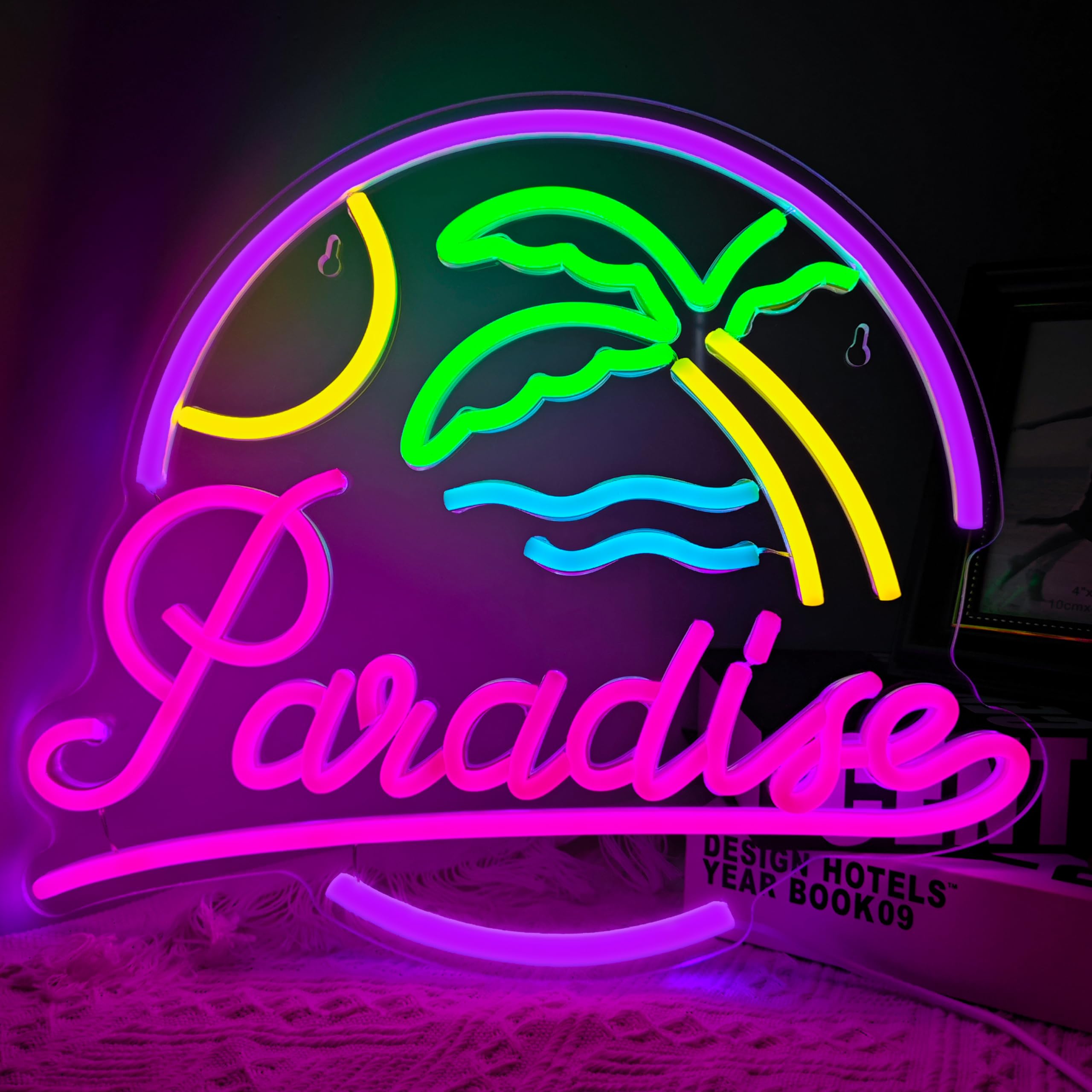 Aloha Paradise Neon Sign for Wall Decor Hawaii Sun Themed Neon Lights with Palm Tree Beach for Summer Home,Cafe Shop,Beer Pub,Holiday Centre Party,Christmas,Birthday Gift,Man cave 13.8 * 12.6 Inch