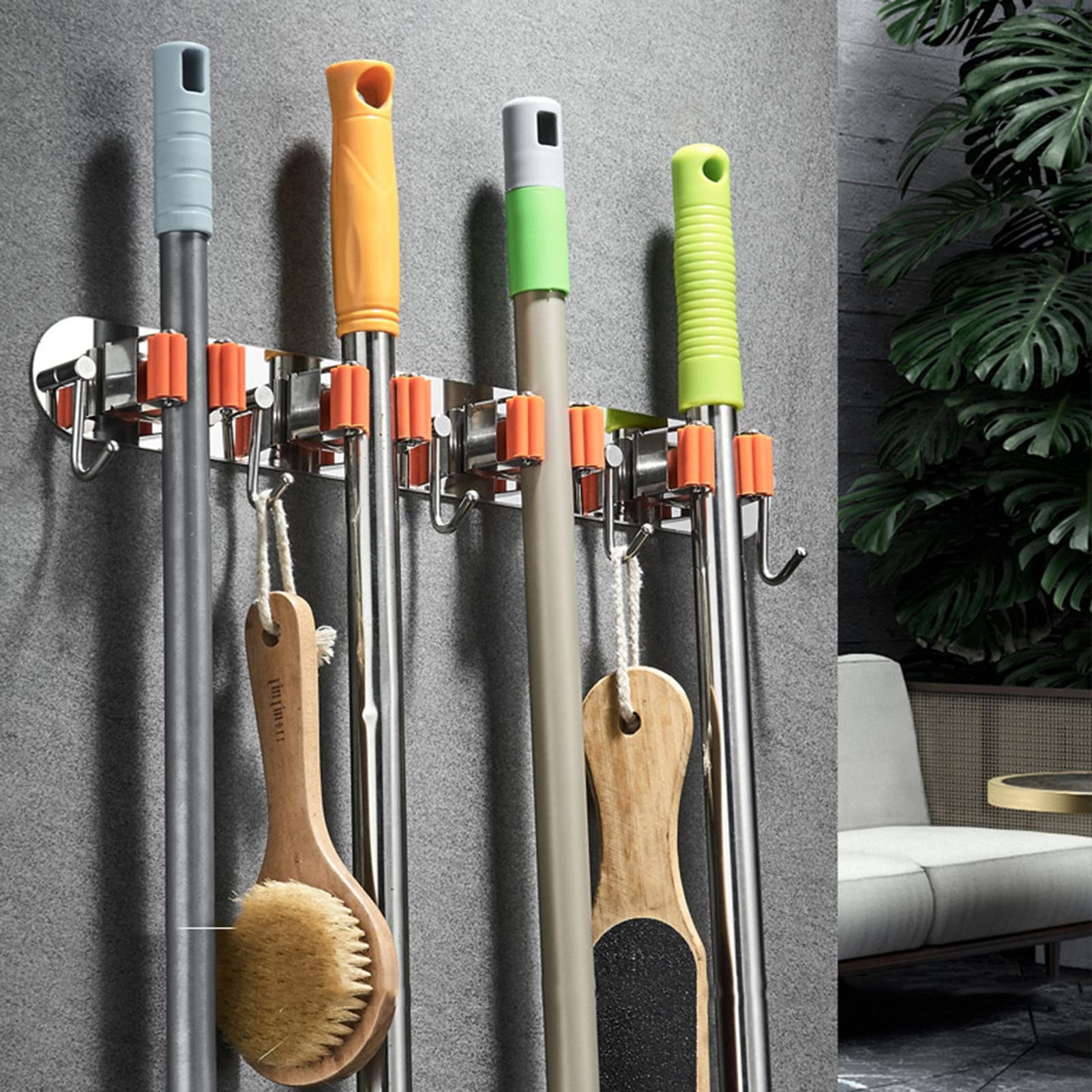Wischbesenhalter zur Wandmontage mit 4 Halterungen und 5 Haken, robuster Besenhalter, Selbstklebender Moppständer, Besen-Organizer aus Aluminium