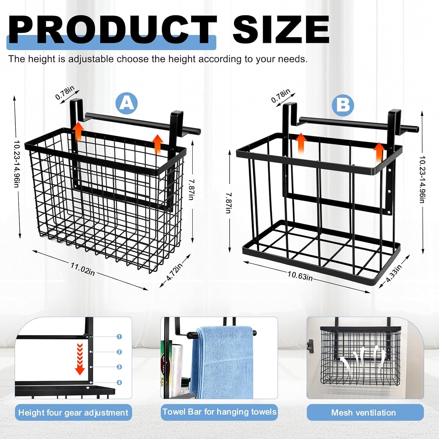 2 Pack Cabinet Door Organizer with Towel Bar, Over The Cabinet Door Storage with Towel Holder for Kitchen Cutting Board,Black